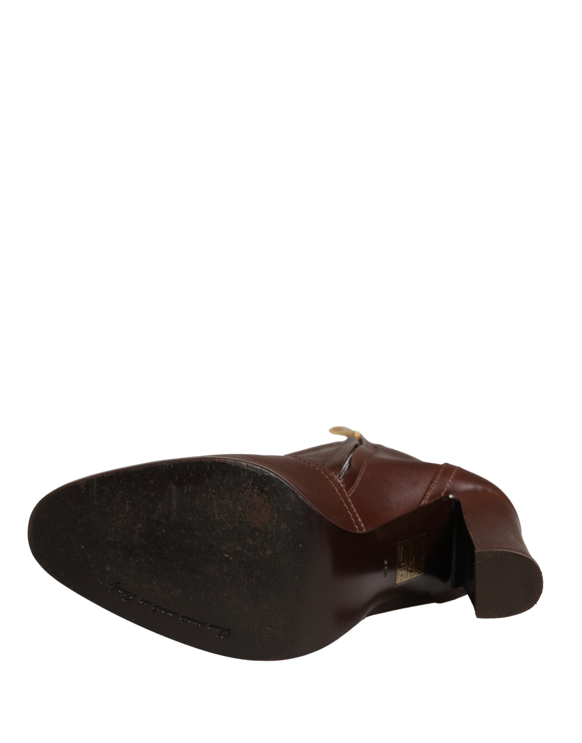 Brown Leather Heels Mid Calf Boots Shoes