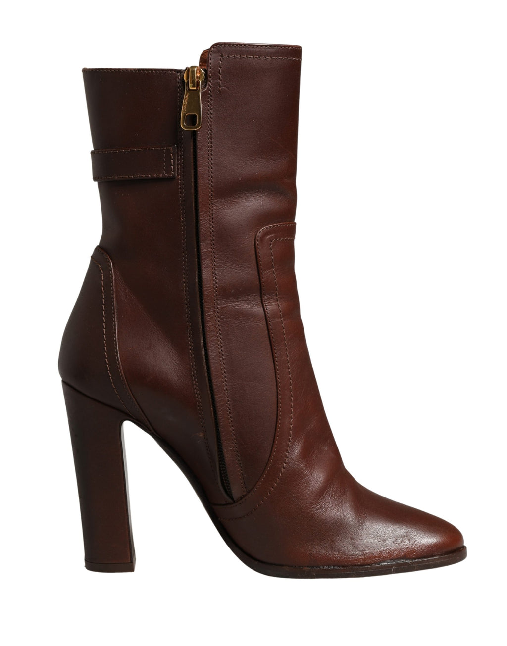 Brown Leather Heels Mid Calf Boots Shoes