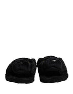 Black Faux Fur Panther Plush Flat Slides Shoes