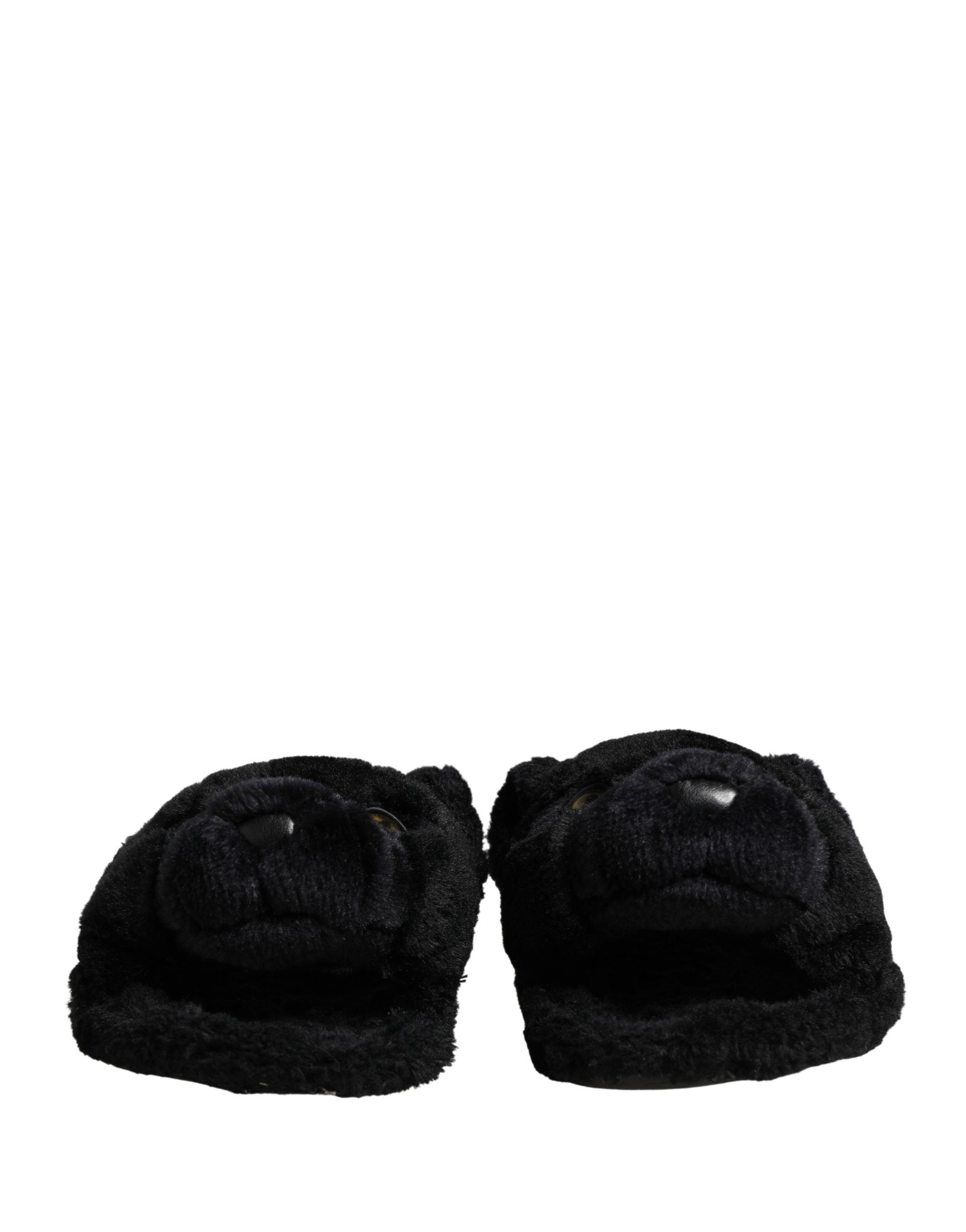 Black Faux Fur Panther Plush Flat Slides Shoes