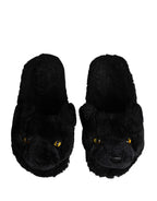 Black Faux Fur Panther Plush Flat Slides Shoes