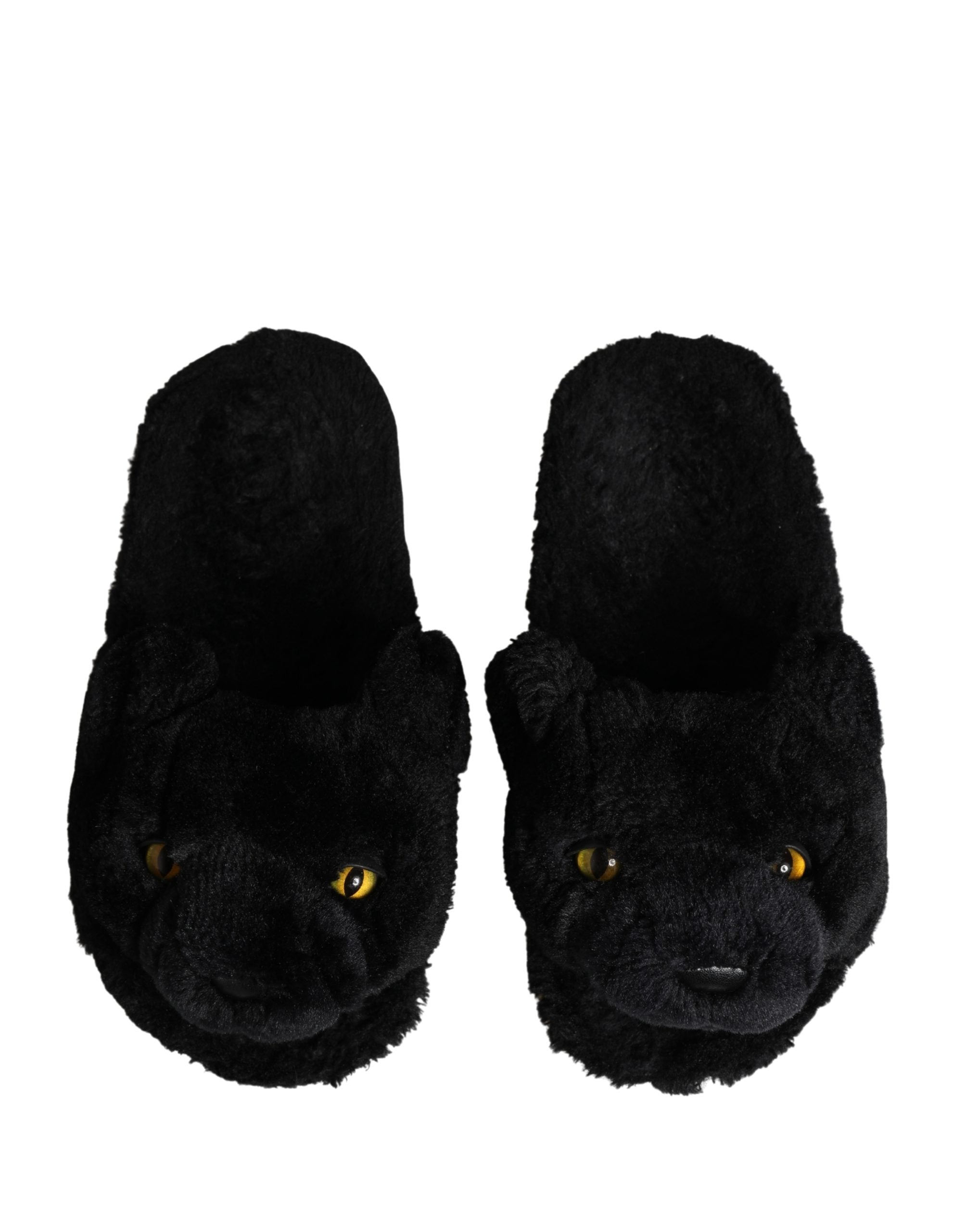 Black Faux Fur Panther Plush Flat Slides Shoes