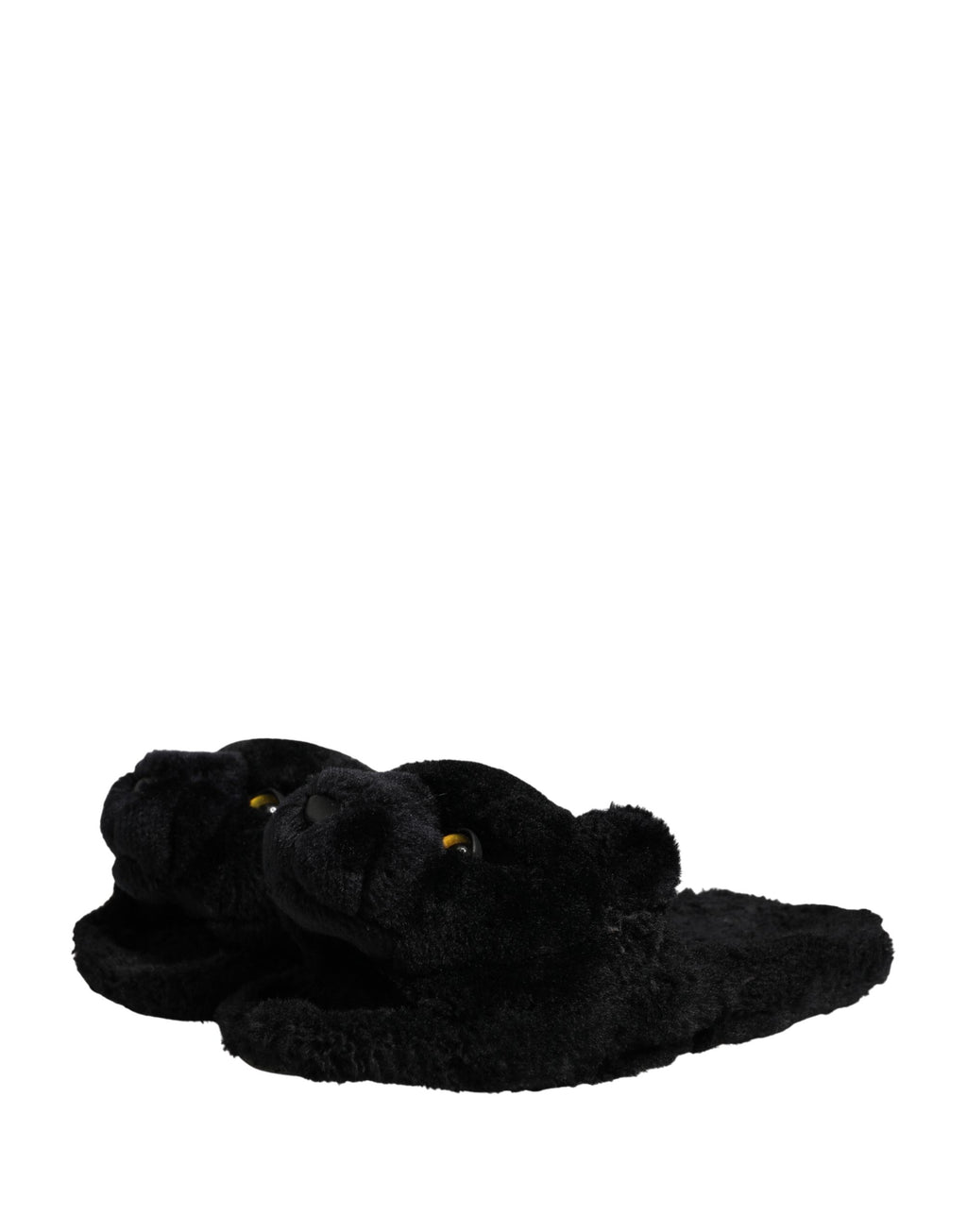 Black Faux Fur Panther Plush Flat Slides Shoes