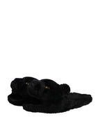 Black Faux Fur Panther Plush Flat Slides Shoes
