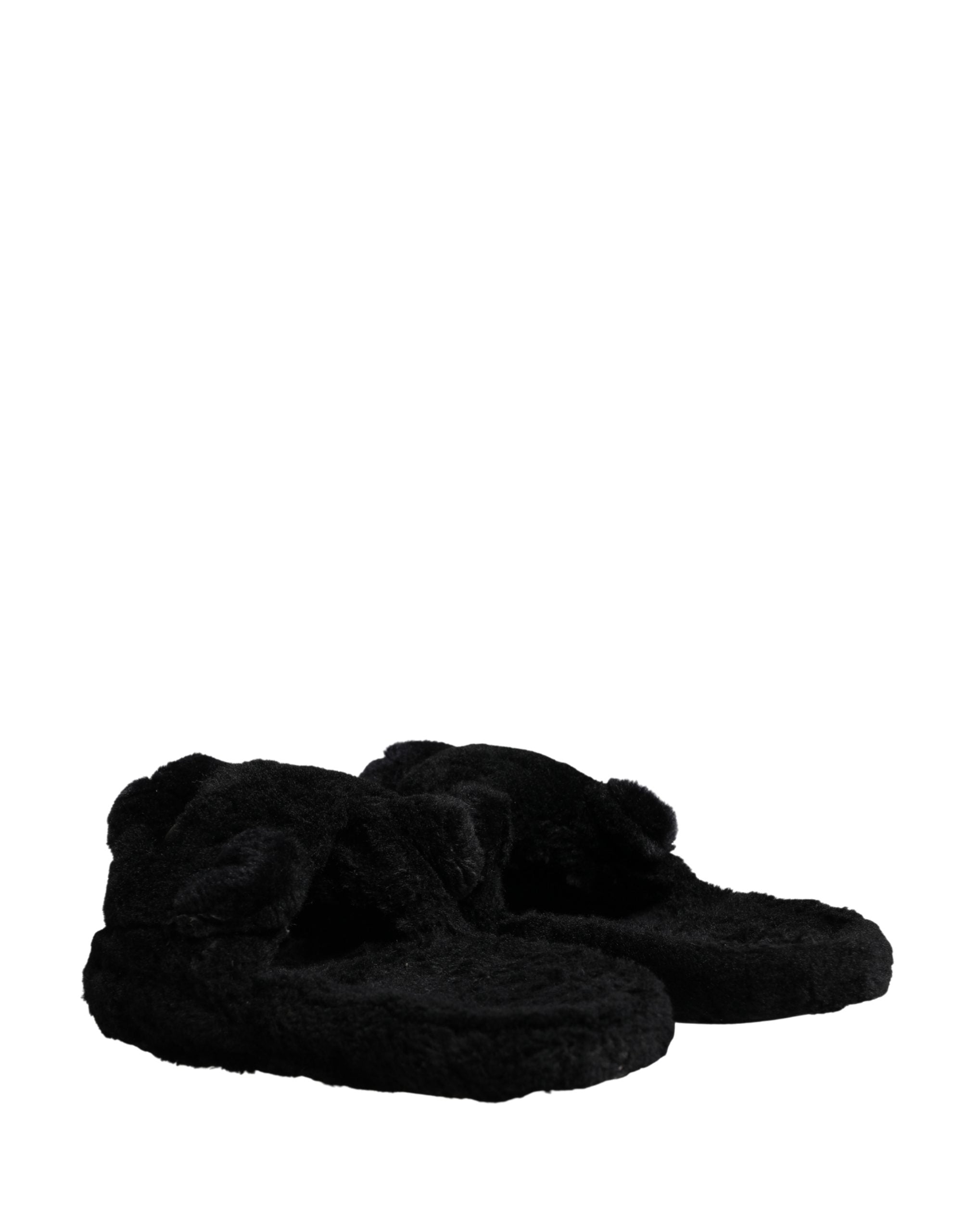 Black Faux Fur Panther Plush Flat Slides Shoes