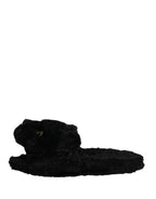 Black Faux Fur Panther Plush Flat Slides Shoes
