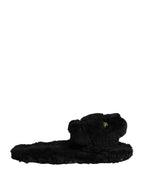 Black Faux Fur Panther Plush Flat Slides Shoes