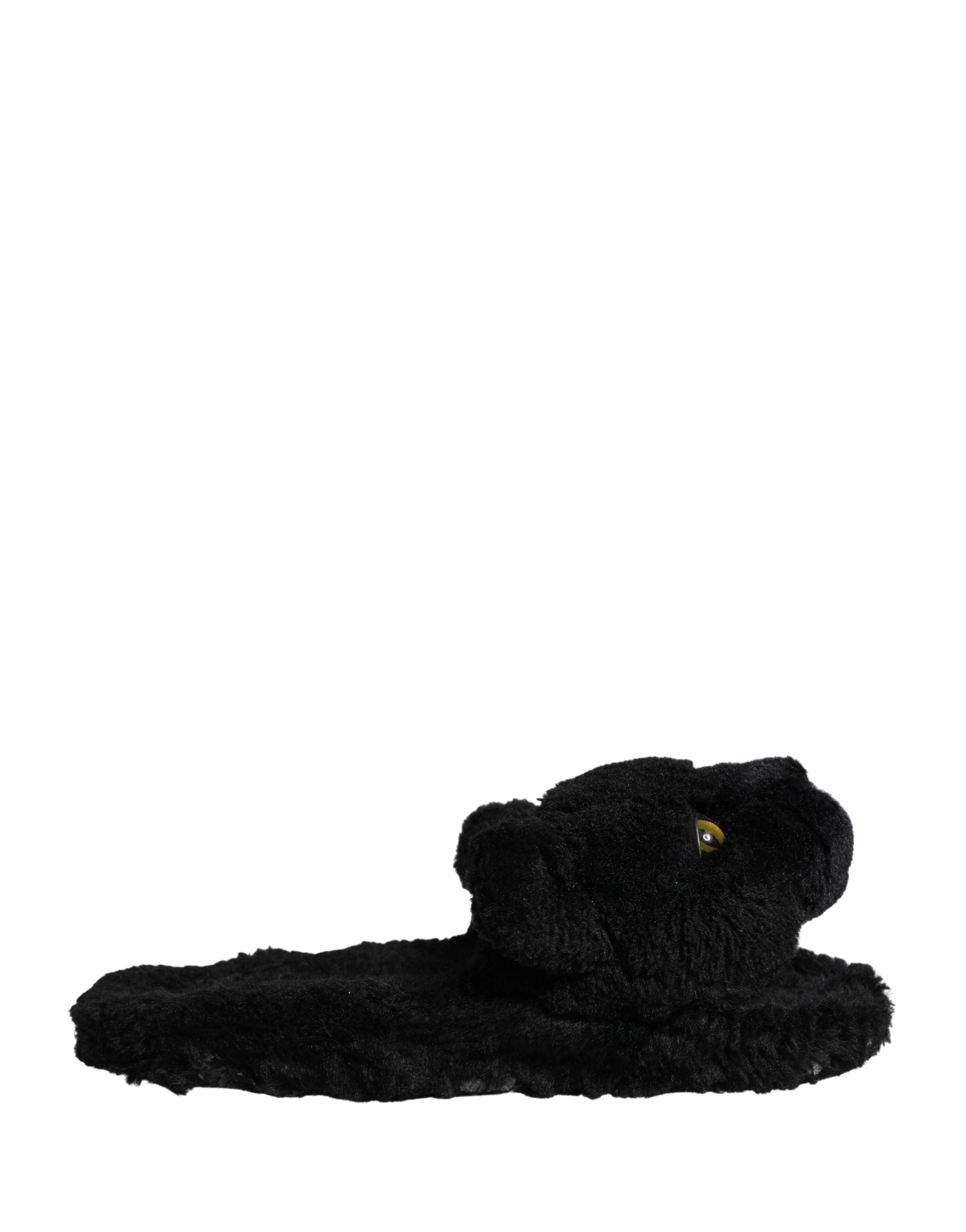 Black Faux Fur Panther Plush Flat Slides Shoes