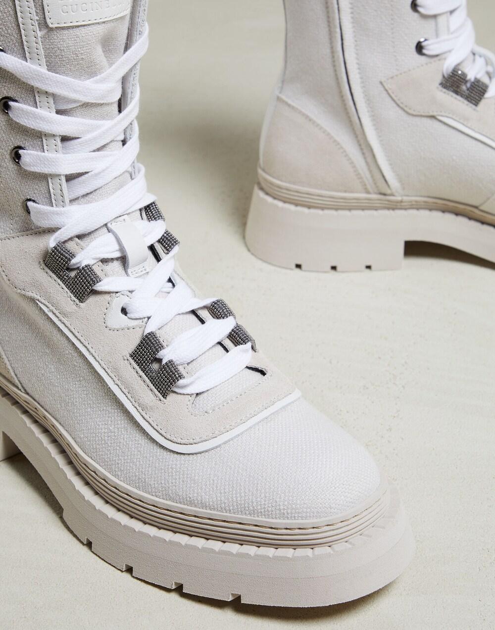 Beige Cotton Lace-Up Boots