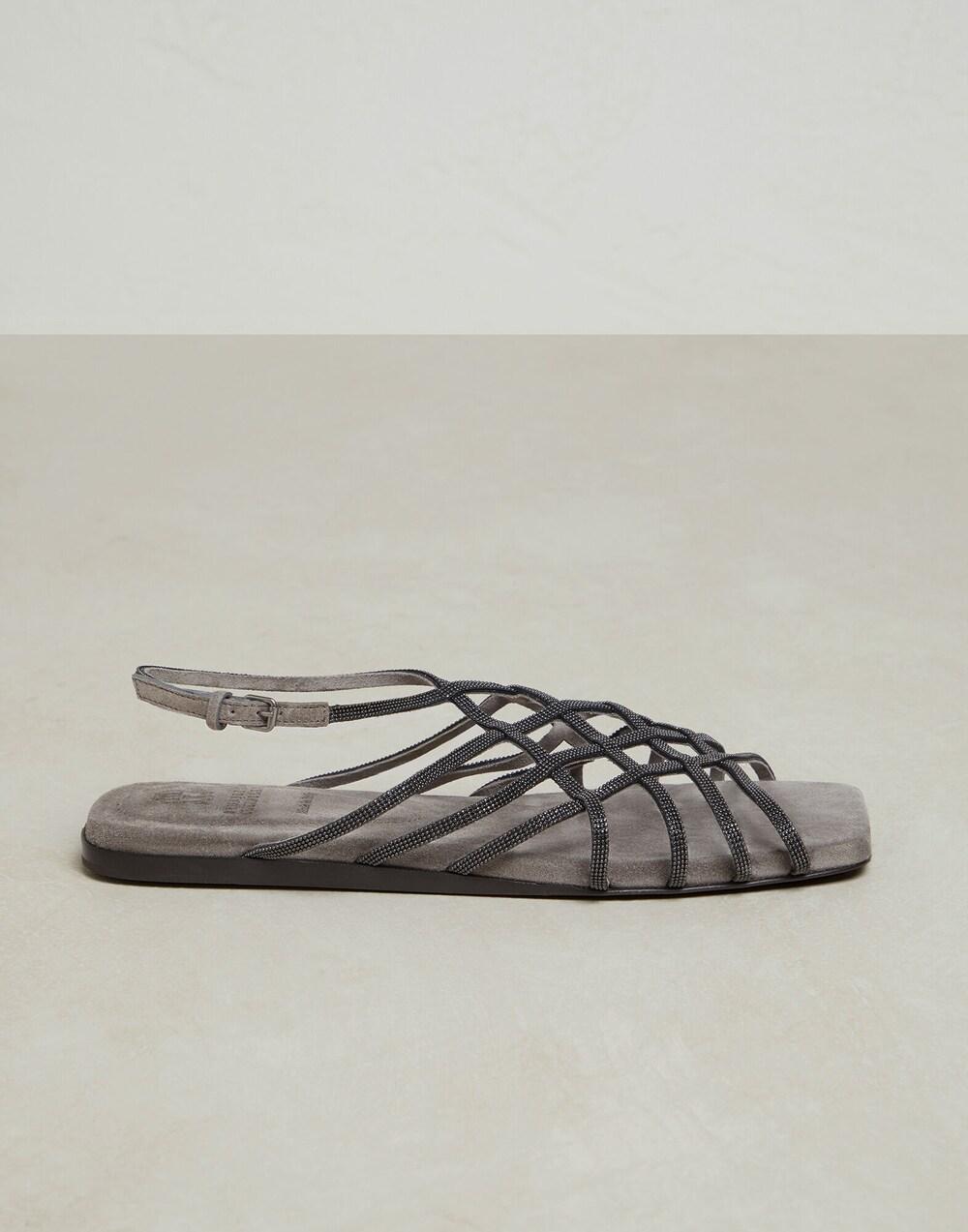Gray Leather Flat Sandals
