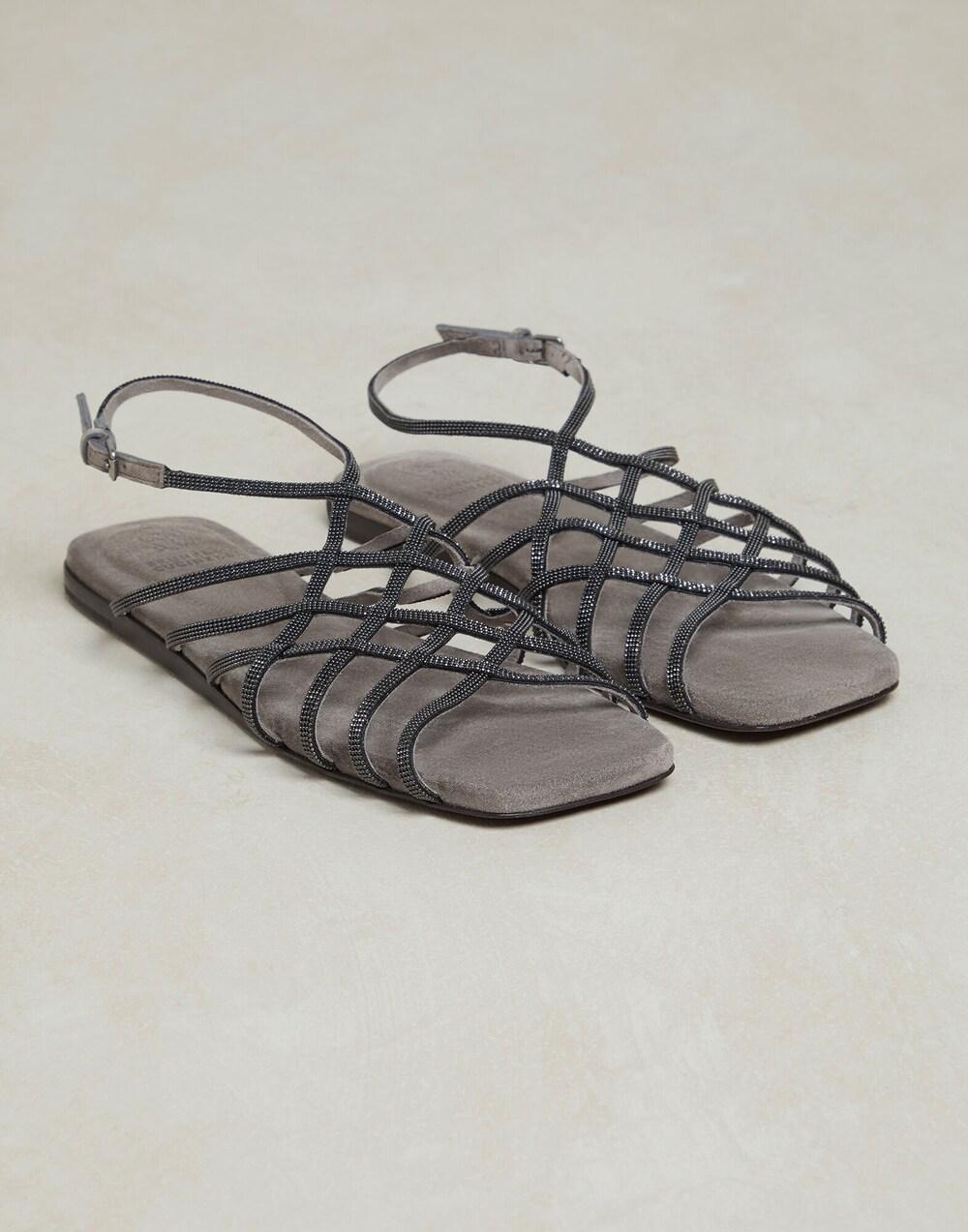 Gray Leather Flat Sandals