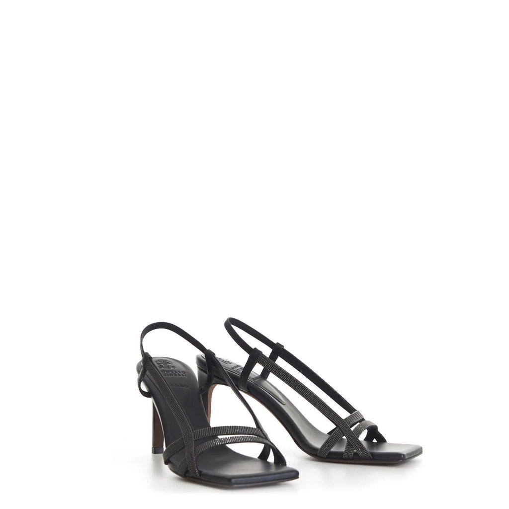 Black Leather Stiletto Heel Sandals