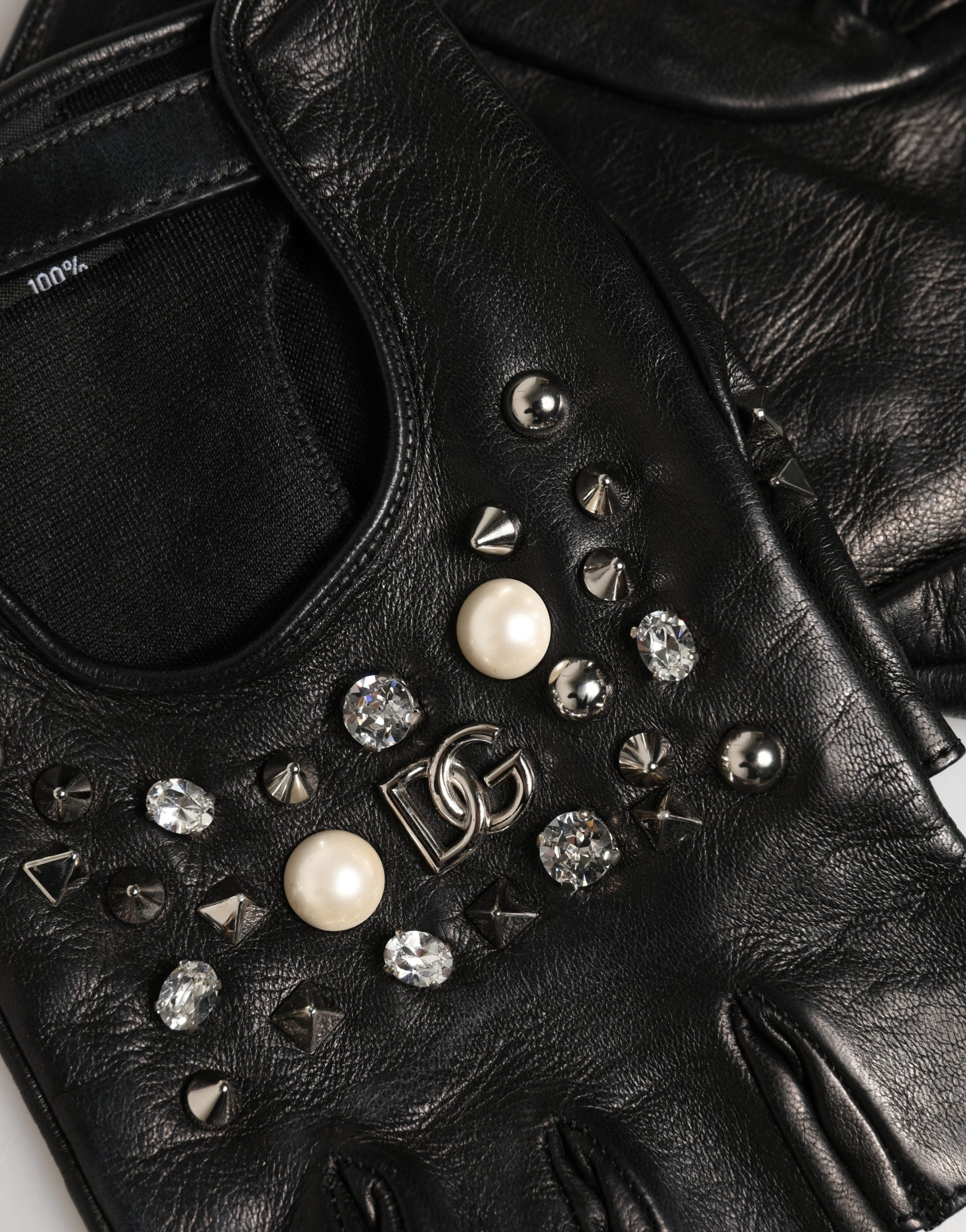 Black Embellished Wrist Length Mitten Women Gloves