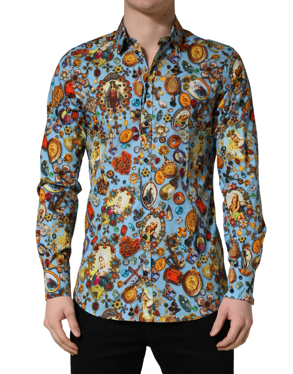 Blue Cotton Jewel Print Button Down GOLD Shirt