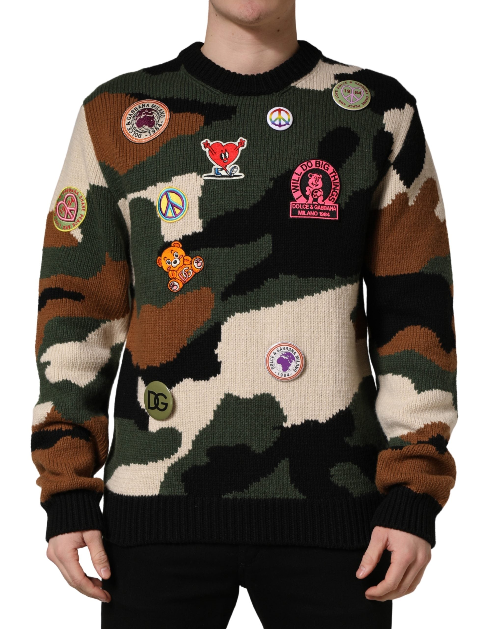 Multicolor Intarsia-Knit Camouflage Pullover Sweater