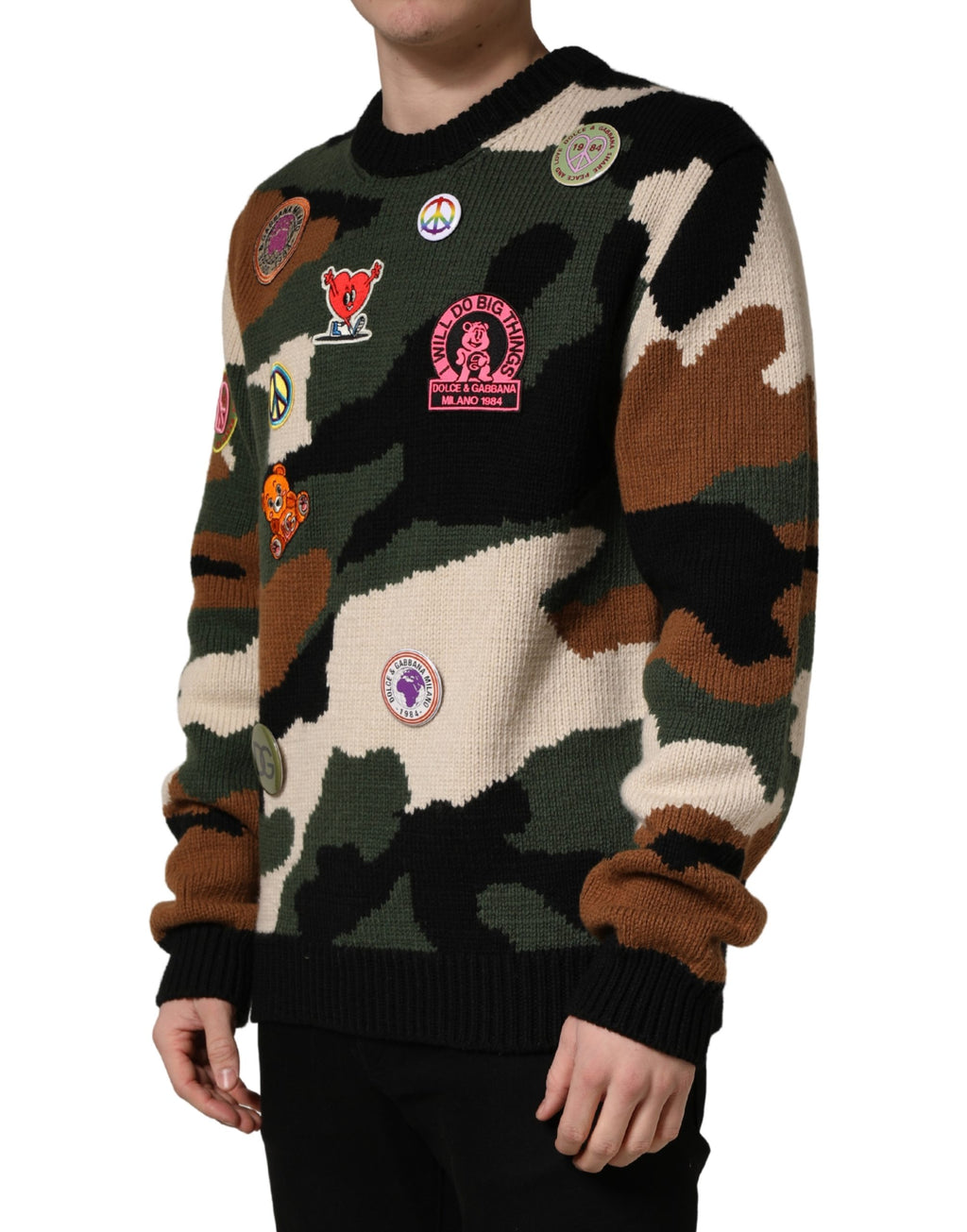 Multicolor Intarsia-Knit Camouflage Pullover Sweater