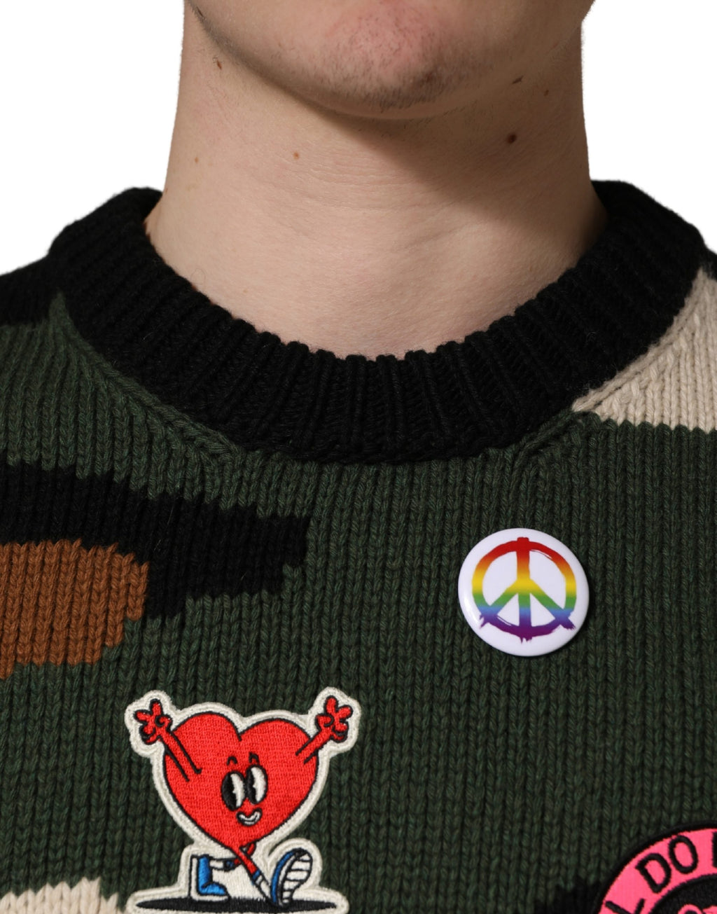 Multicolor Intarsia-Knit Camouflage Pullover Sweater