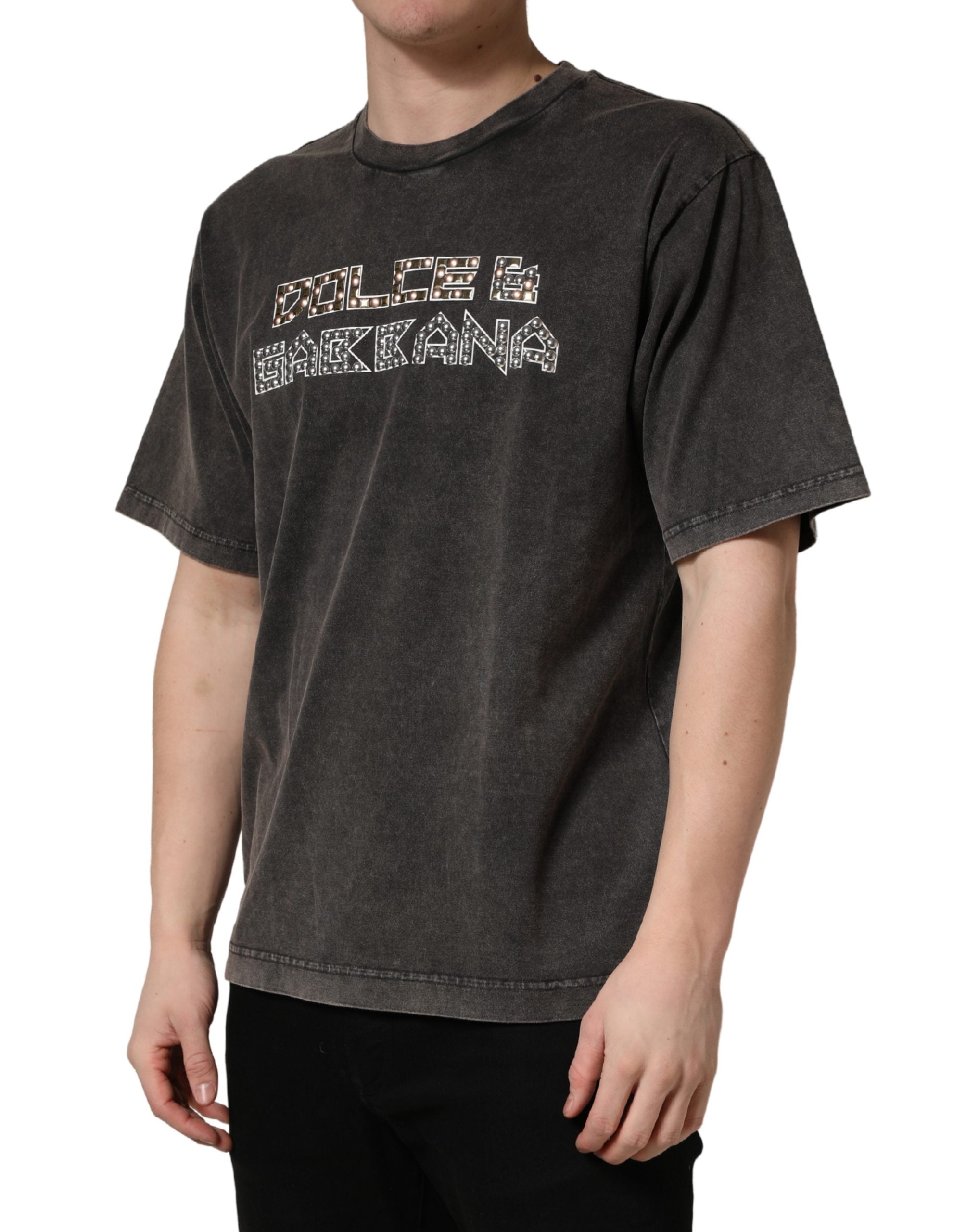 Gray Logo Embellished Men Crew Neck T-shirt