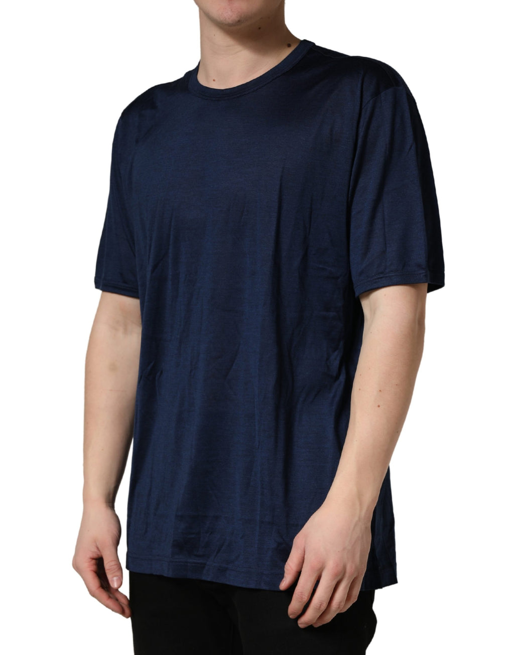 Dark Blue Silk Short Sleeve CrewNeck T-shirt