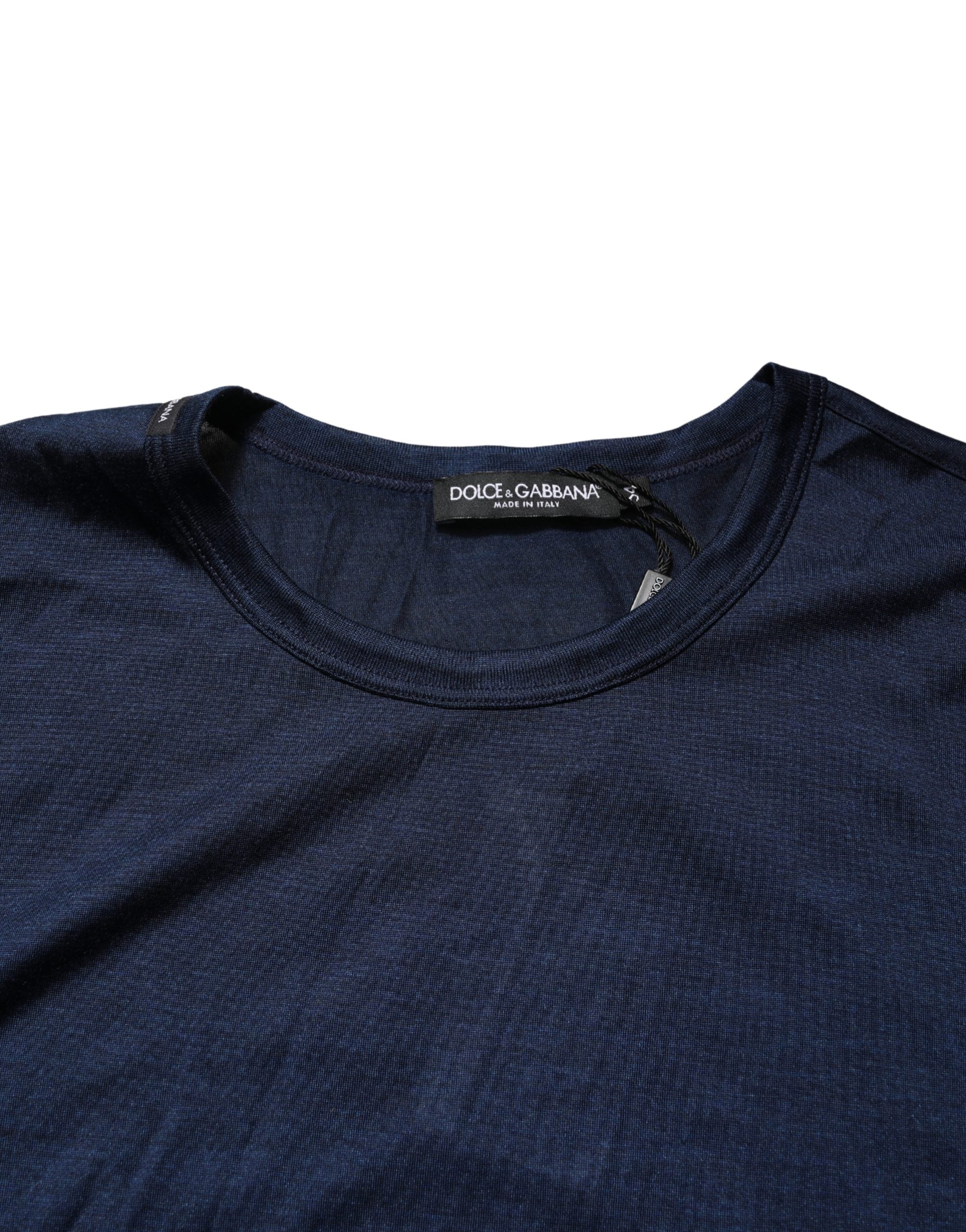 Dark Blue Silk Short Sleeve CrewNeck T-shirt