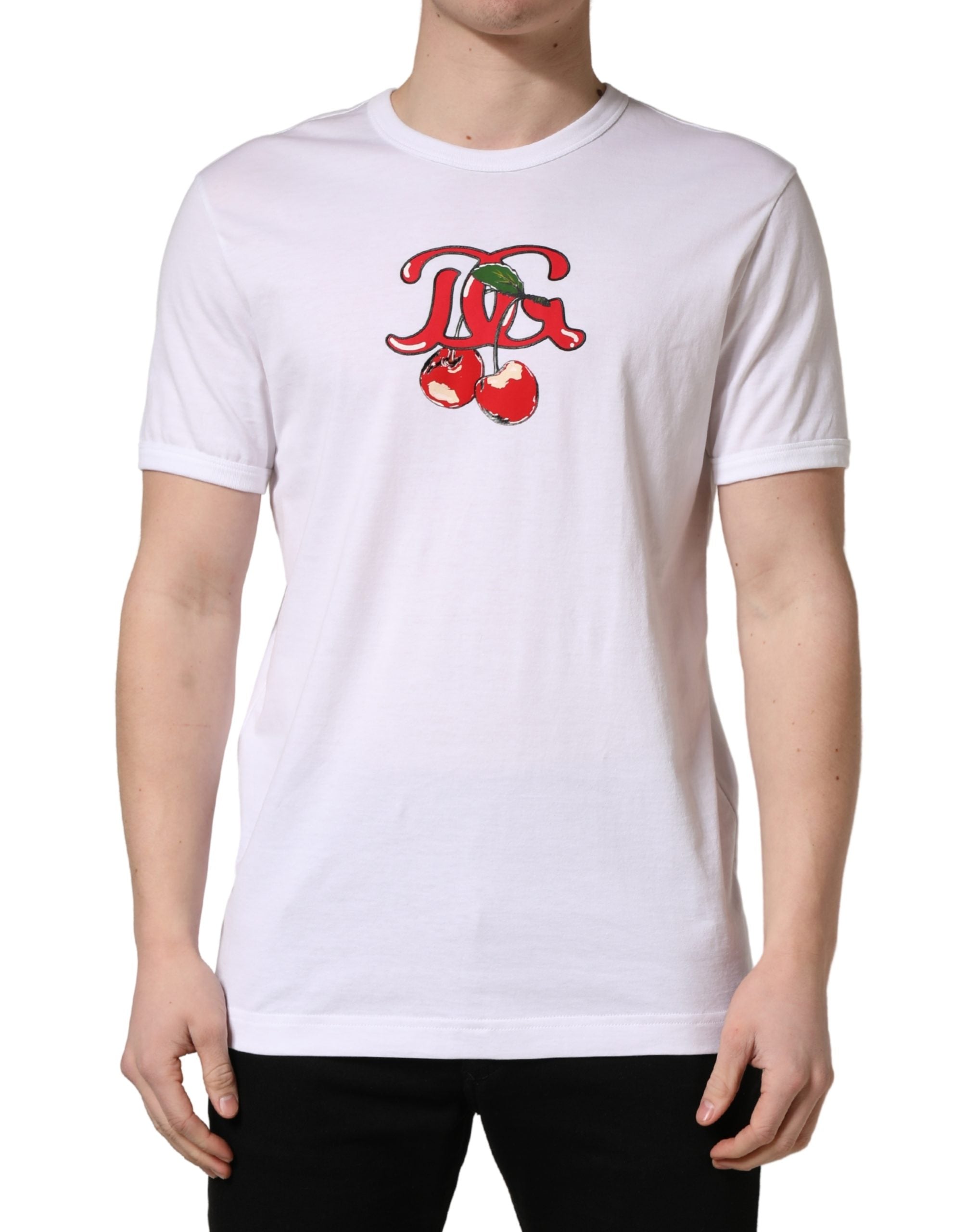 White DG Cherries Cotton Crew Neck  T-shirt