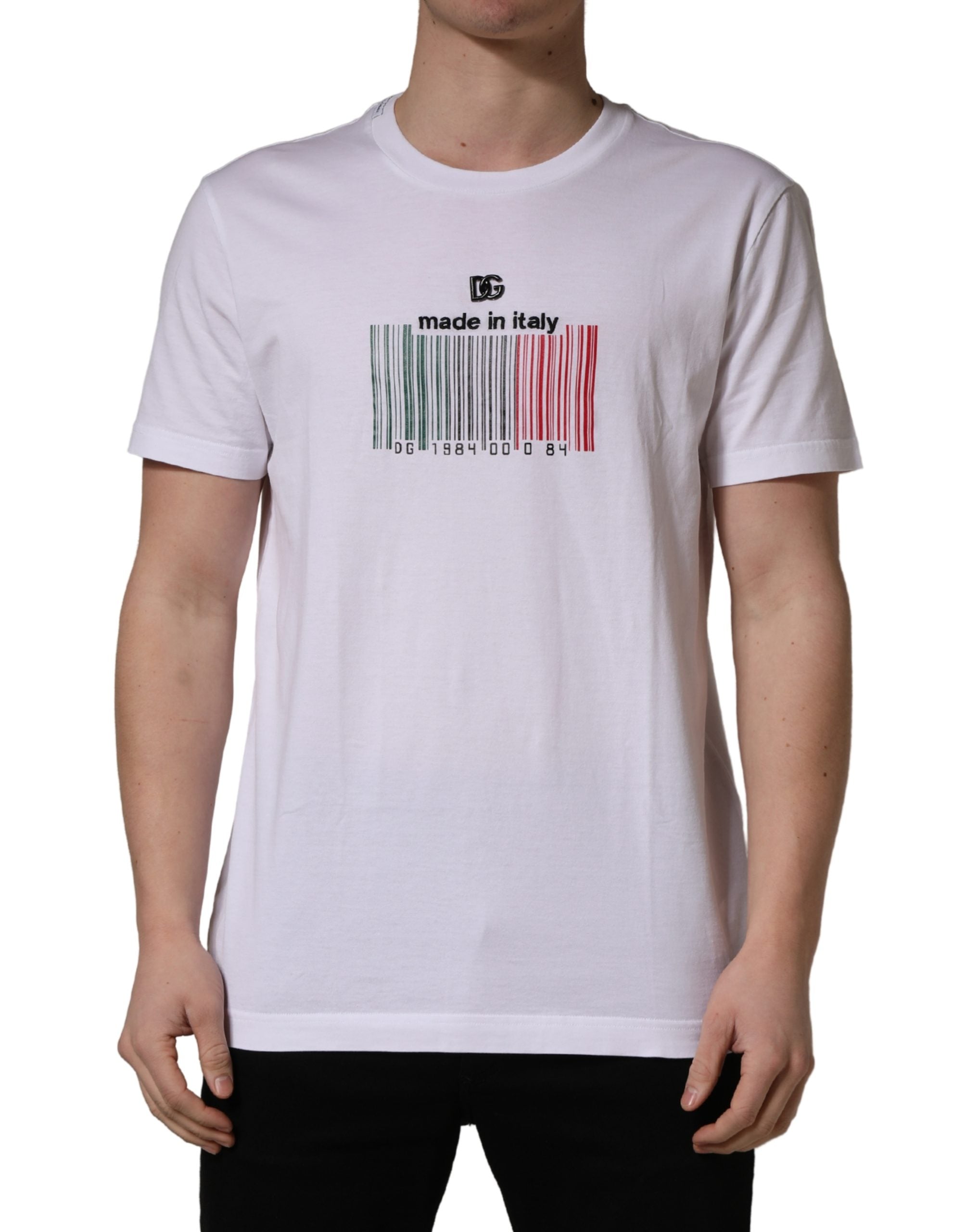 White Barcode Print Cotton Crew Neck T-shirt