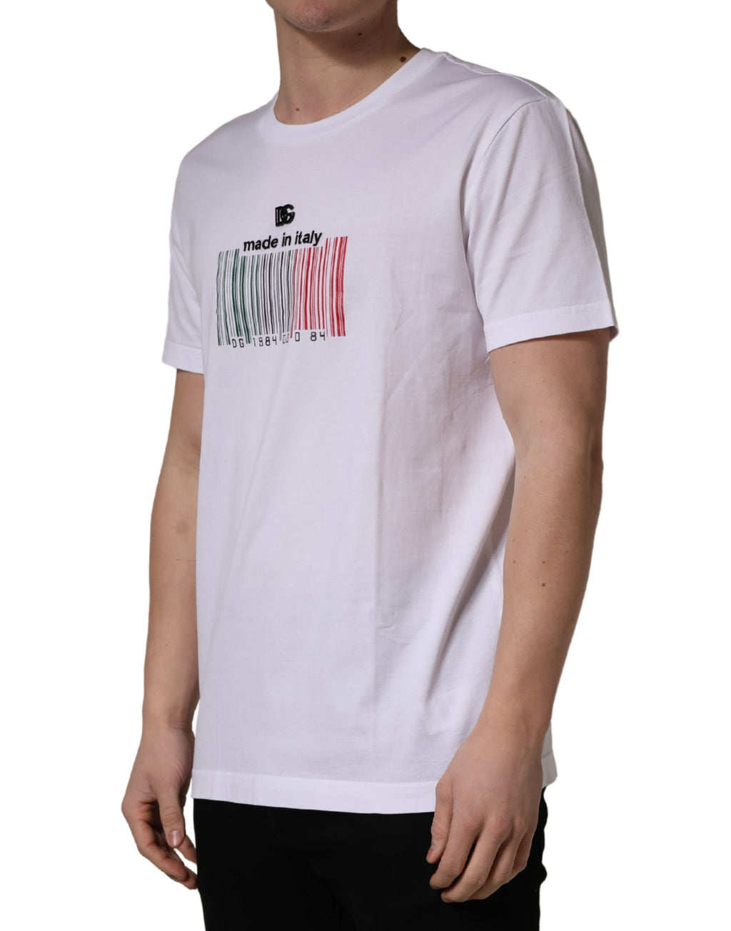 White Barcode Print Cotton Crew Neck T-shirt