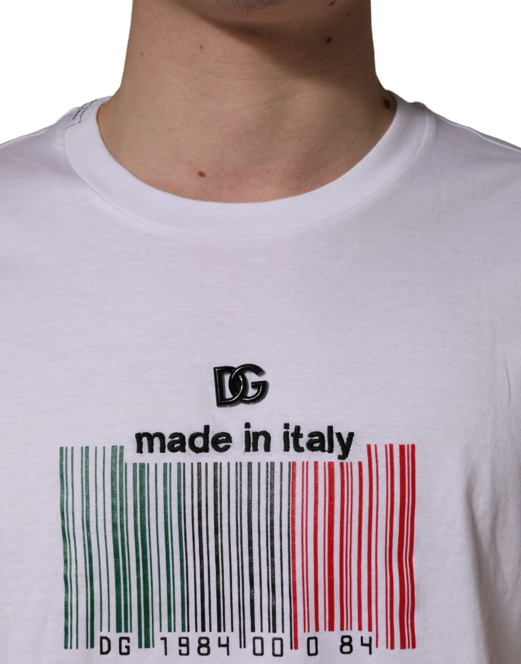 White Barcode Print Cotton Crew Neck T-shirt