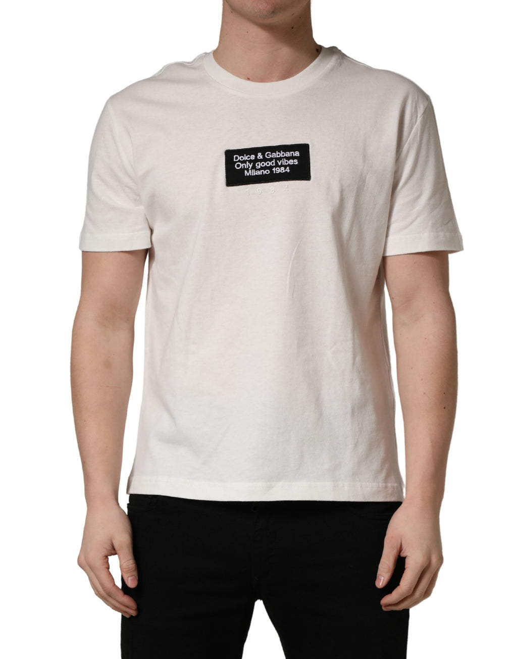 White Logo Patch Cotton Men Crew Neck  T-shirt