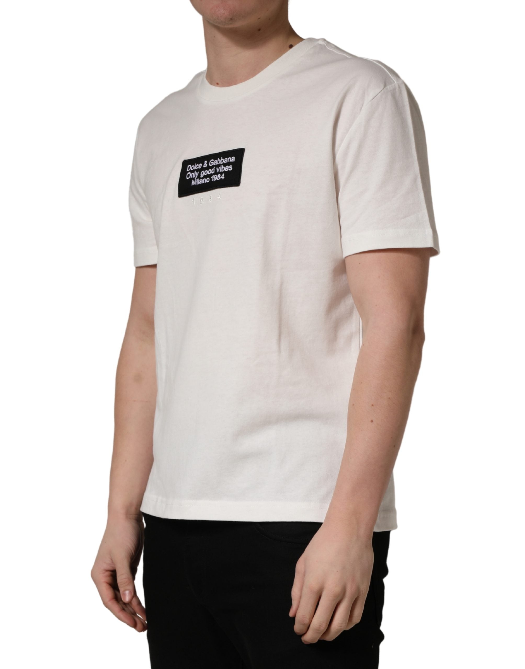 White Logo Patch Cotton Men Crew Neck  T-shirt