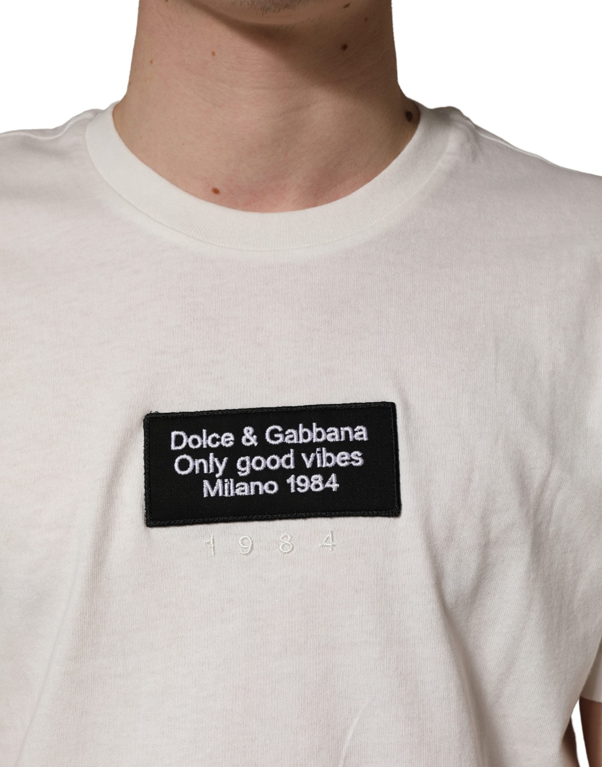 White Logo Patch Cotton Men Crew Neck  T-shirt