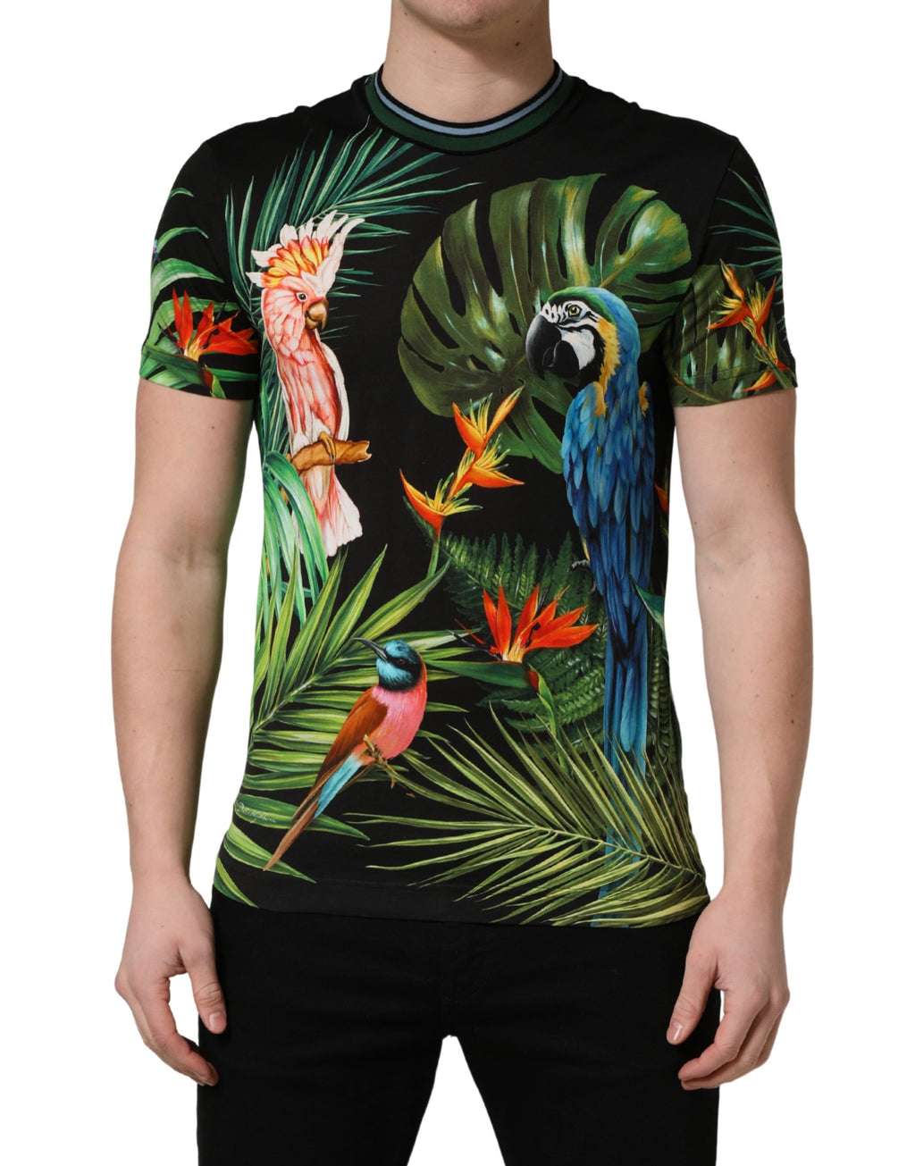 Black Bird Print Cotton Men Crew Neck T-shirt