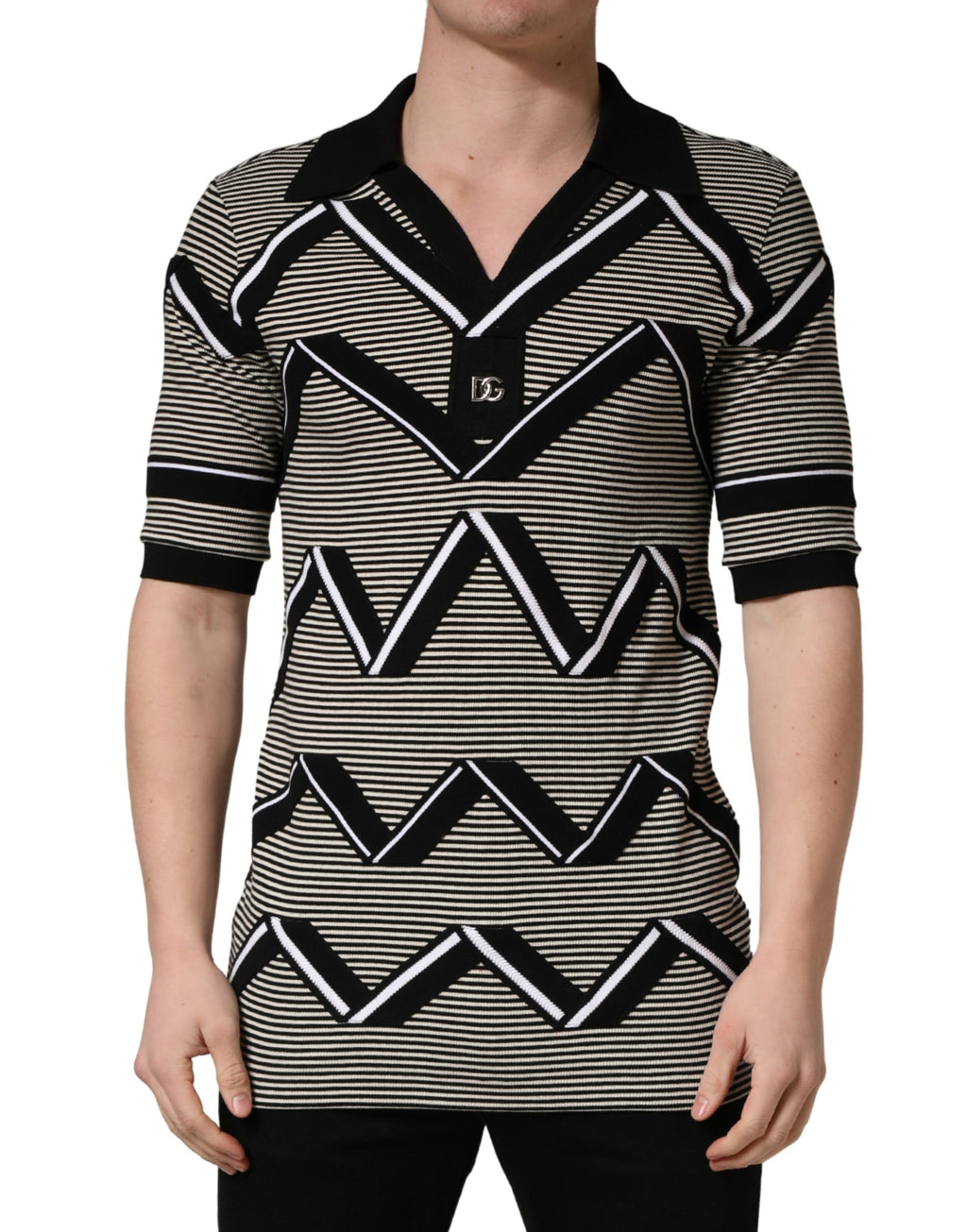 Black White Zigzag Pattern Cotton Men Polo  T-shirt