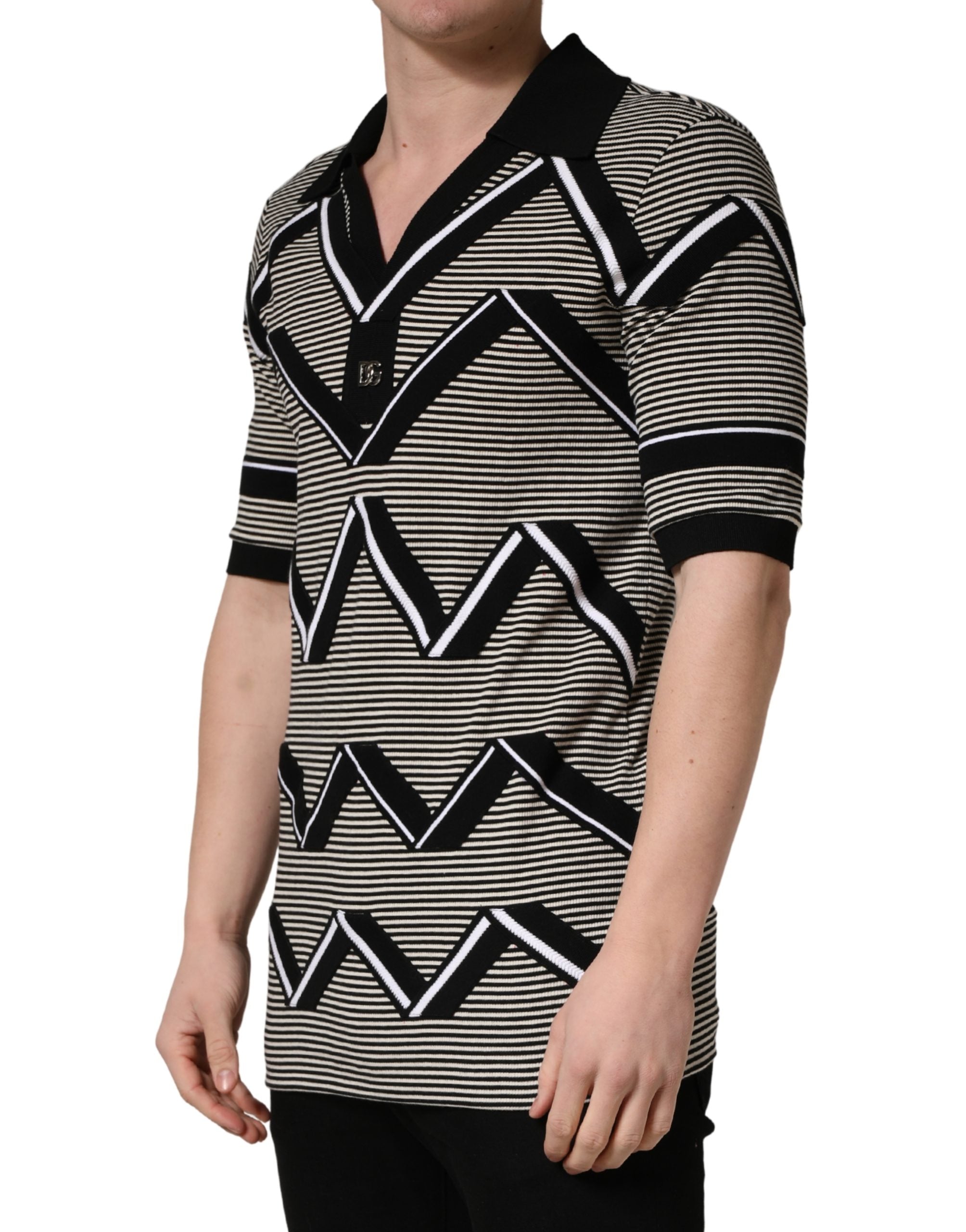 Black White Zigzag Pattern Cotton Men Polo  T-shirt