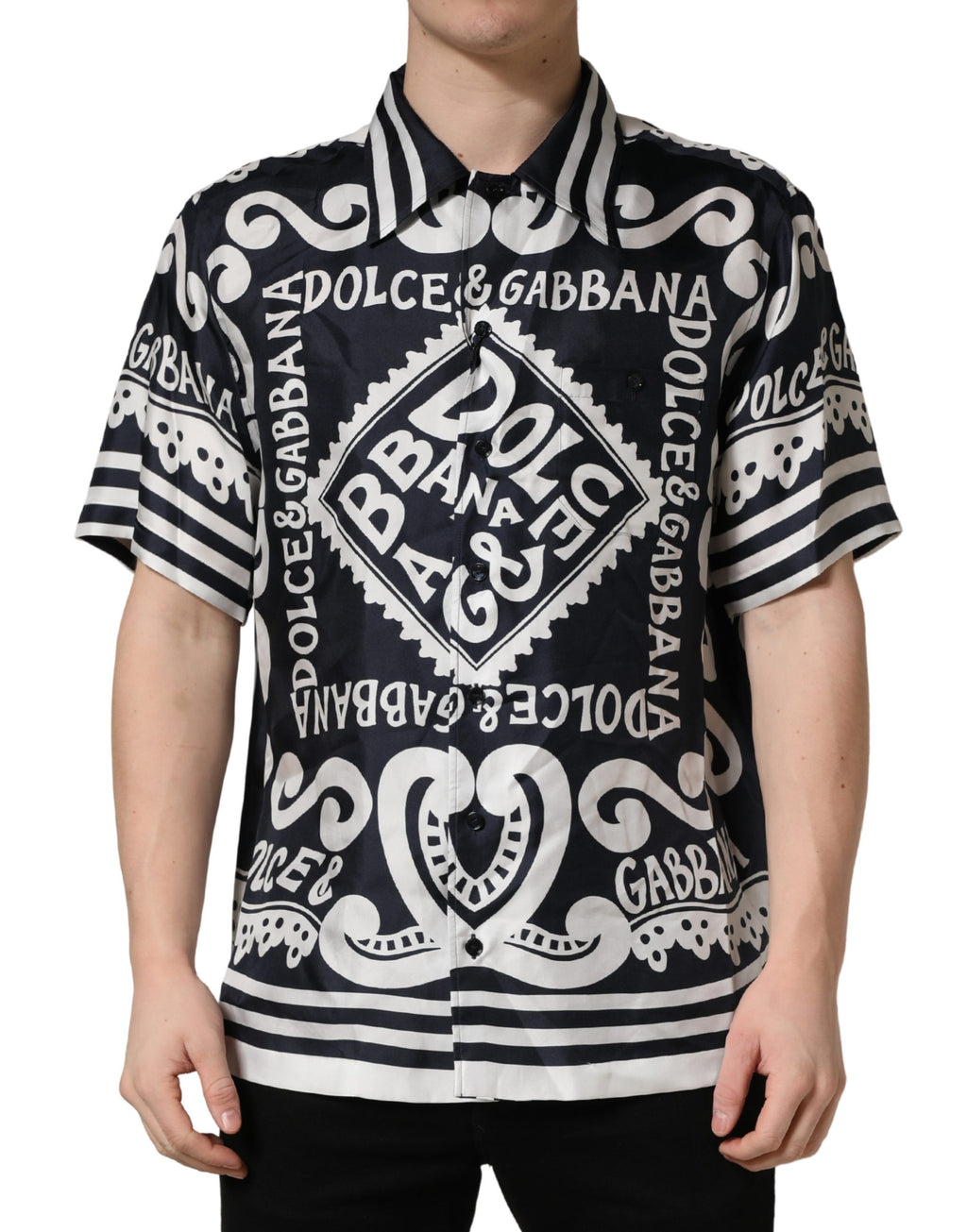 Black White Marina Print Silk Hawaii Shirt