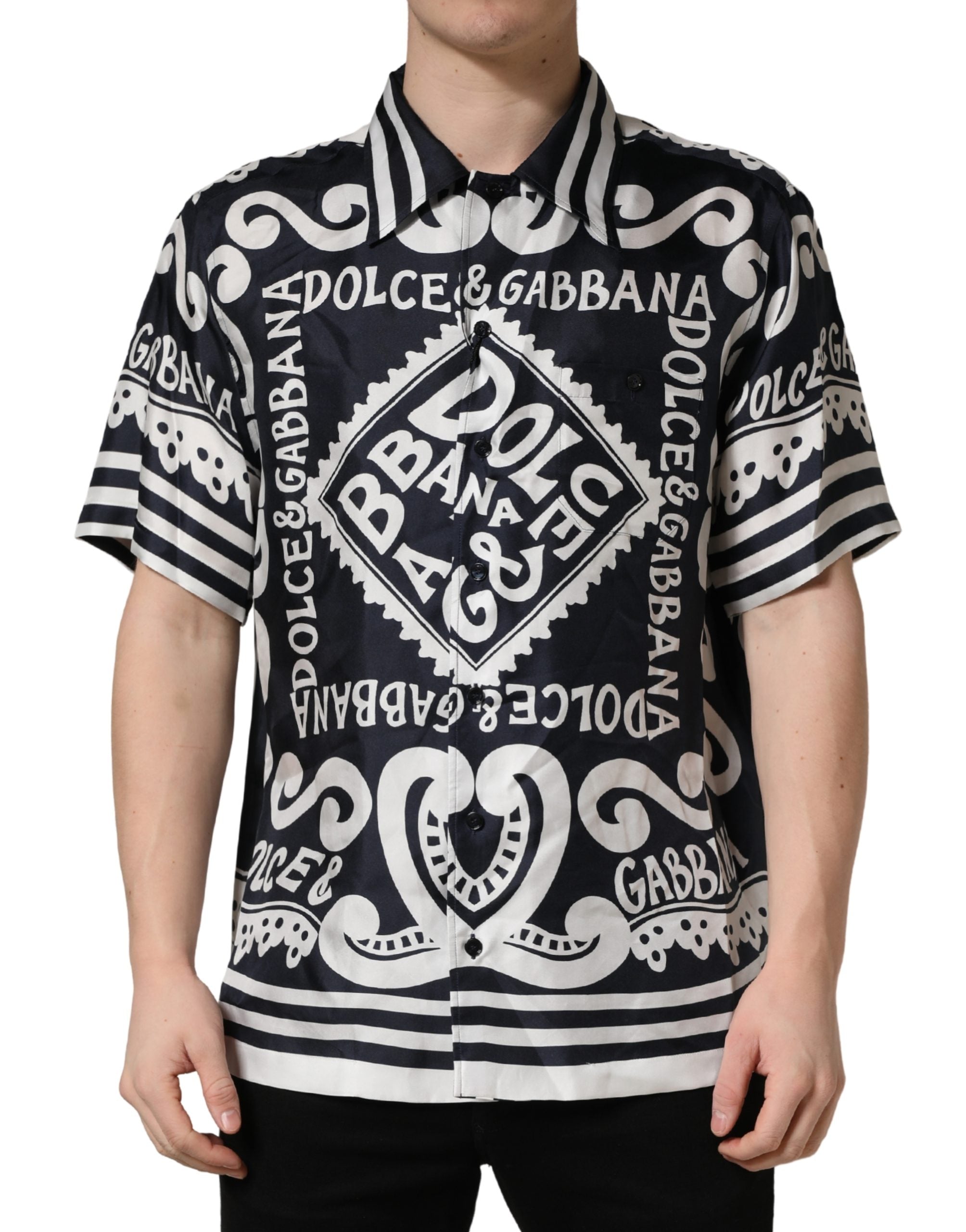 Black White Marina Print Silk Hawaii Shirt