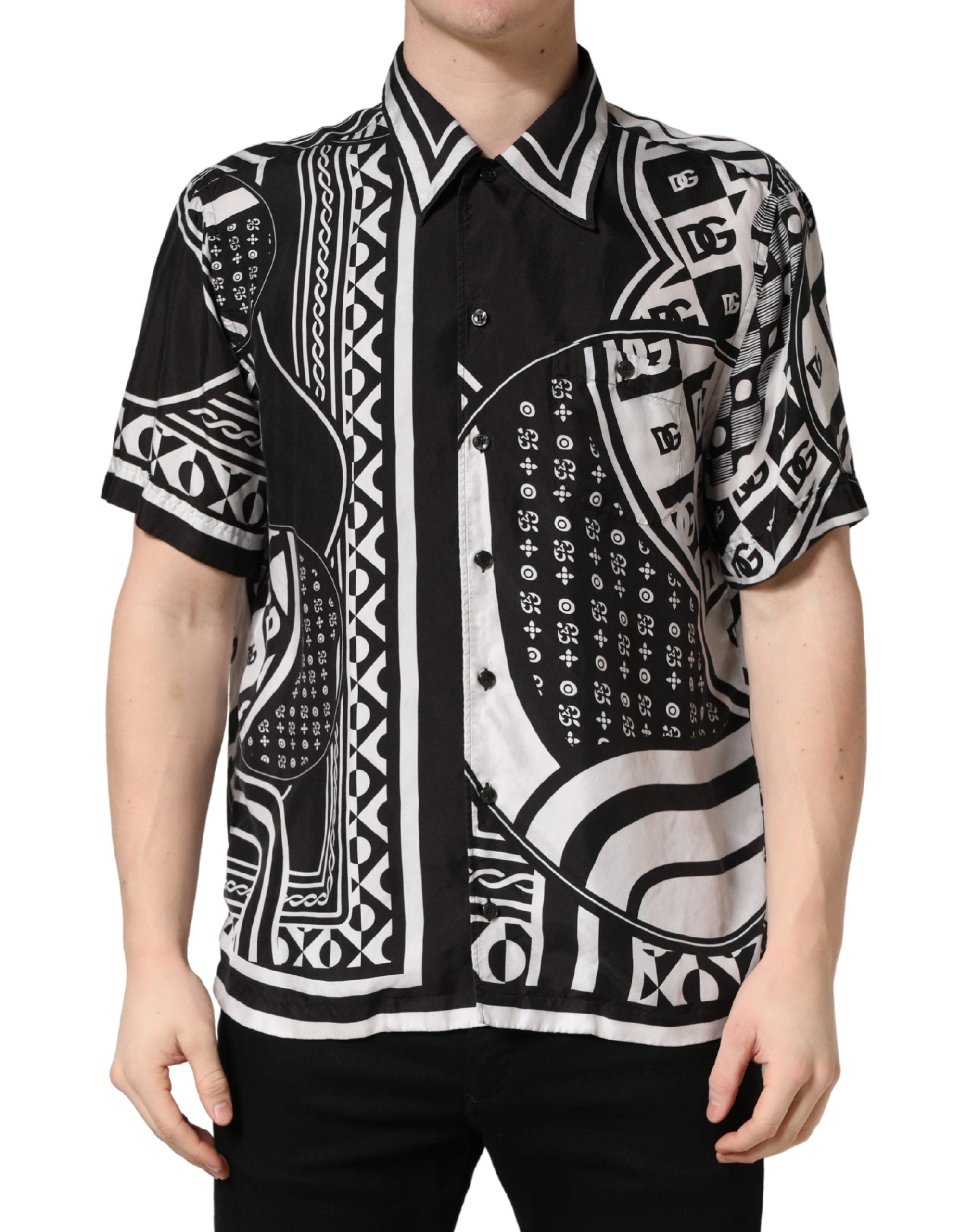 Black White Bandana Print Collared Shirt