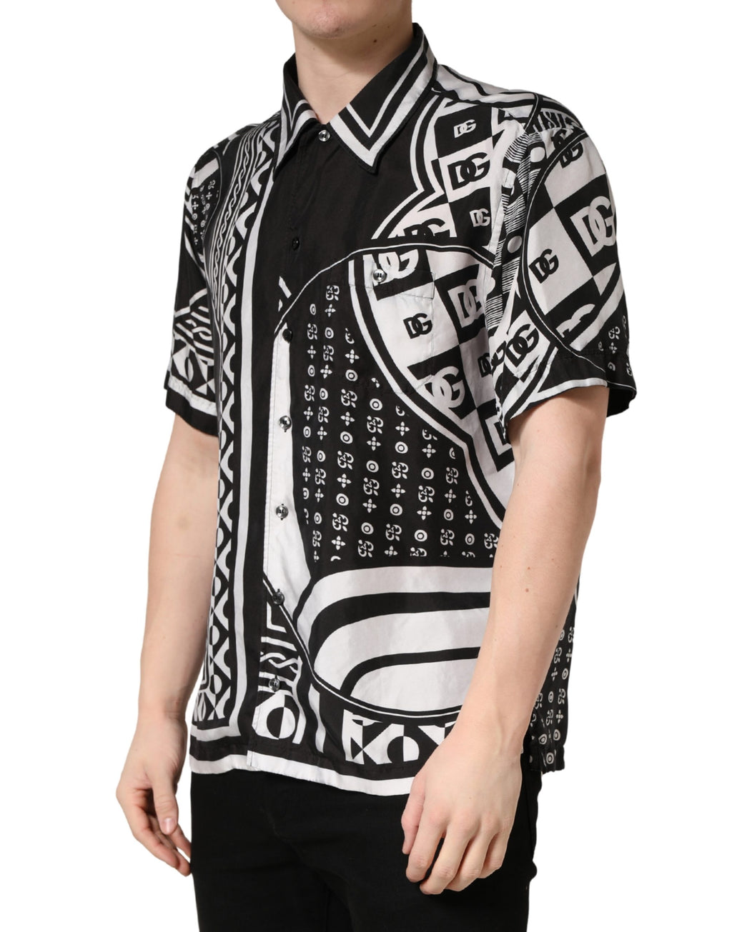 Black White Bandana Print Collared Shirt