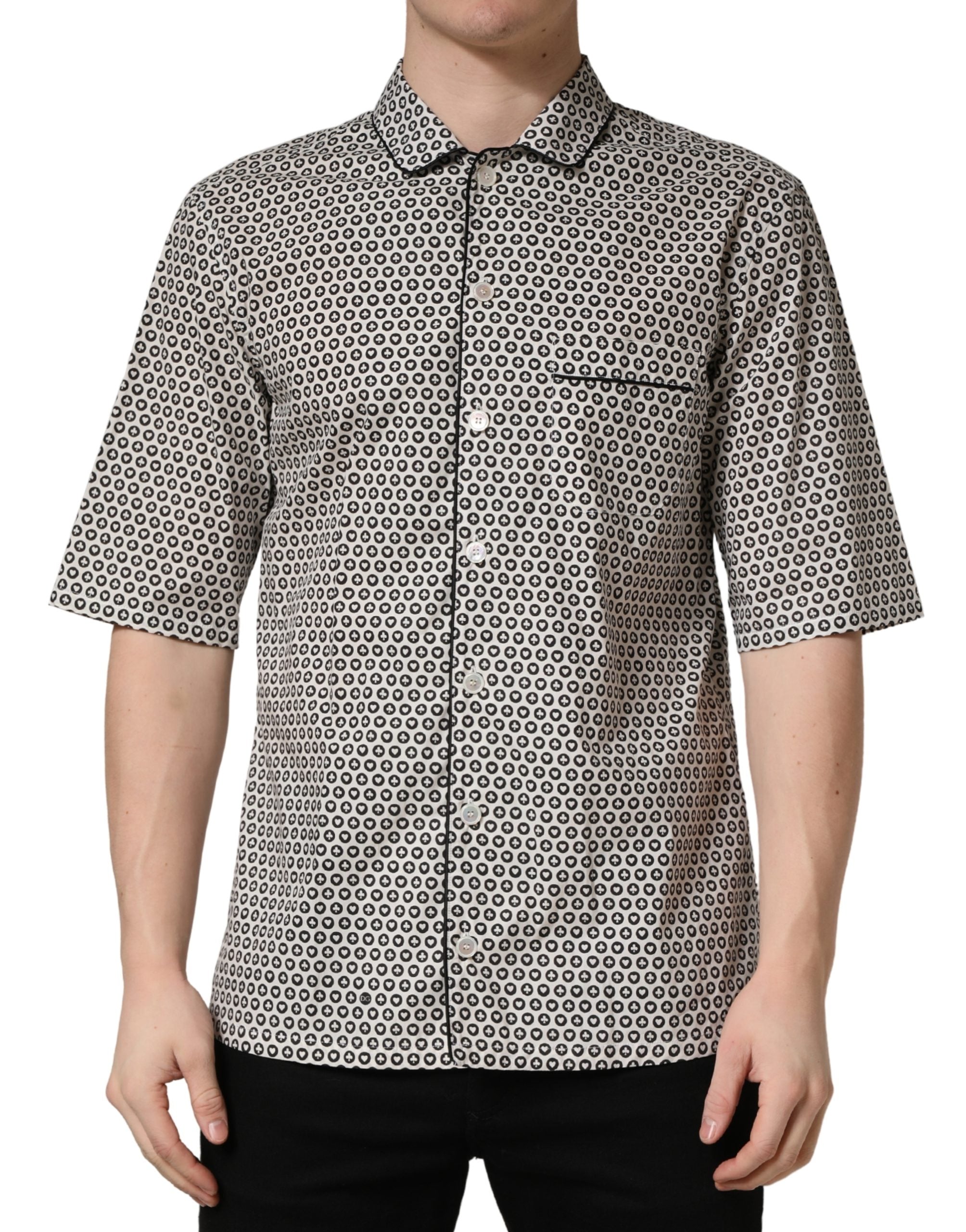 Black White Geometric Pattern Collared Shirt
