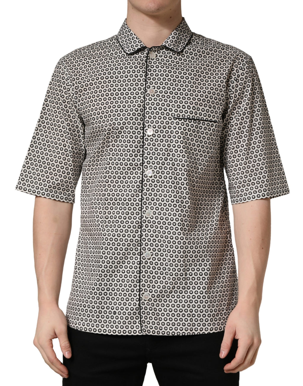 Black White Geometric Pattern Collared Shirt