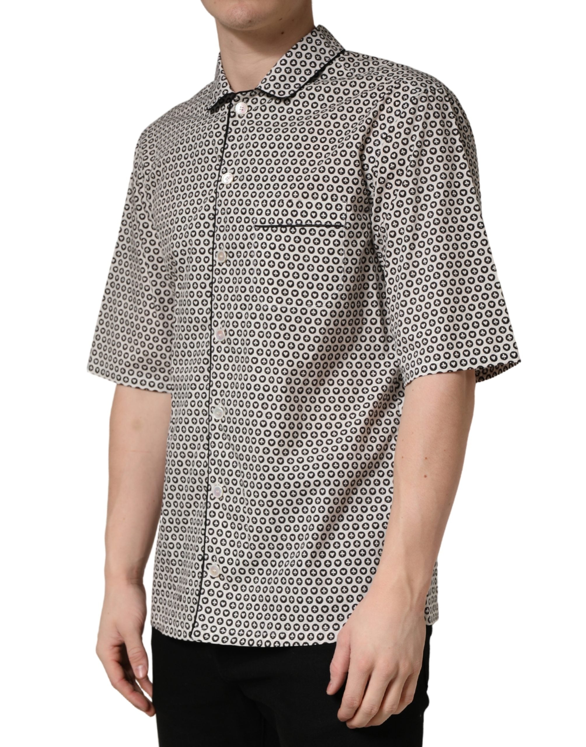 Black White Geometric Pattern Collared Shirt