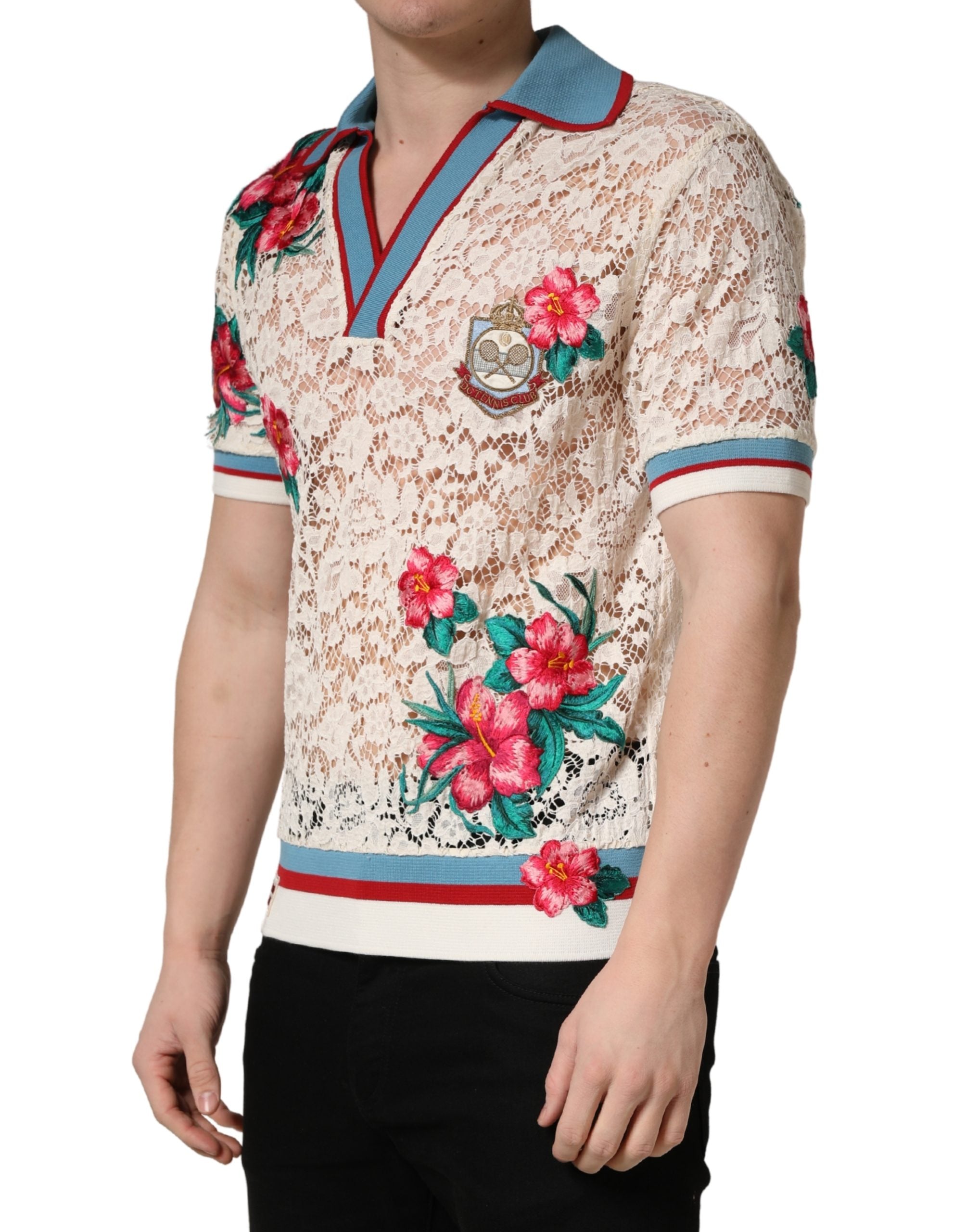 Beige Floral Tennis Club Lace Polo T-shirt