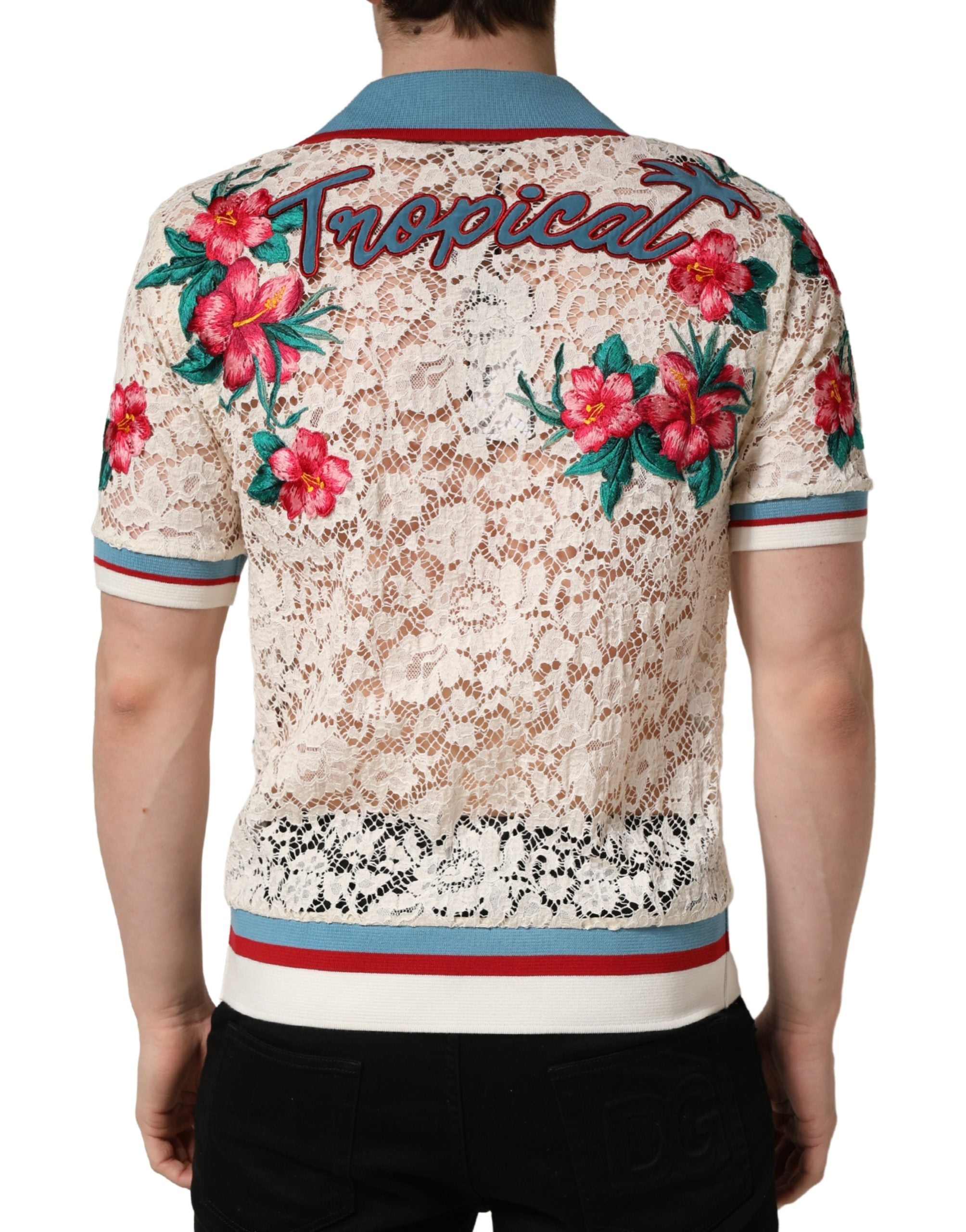 Beige Floral Tennis Club Lace Polo T-shirt