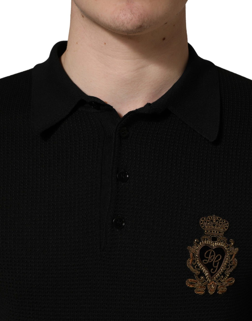 Black Heraldic Crest Patch Silk Polo T-shirt