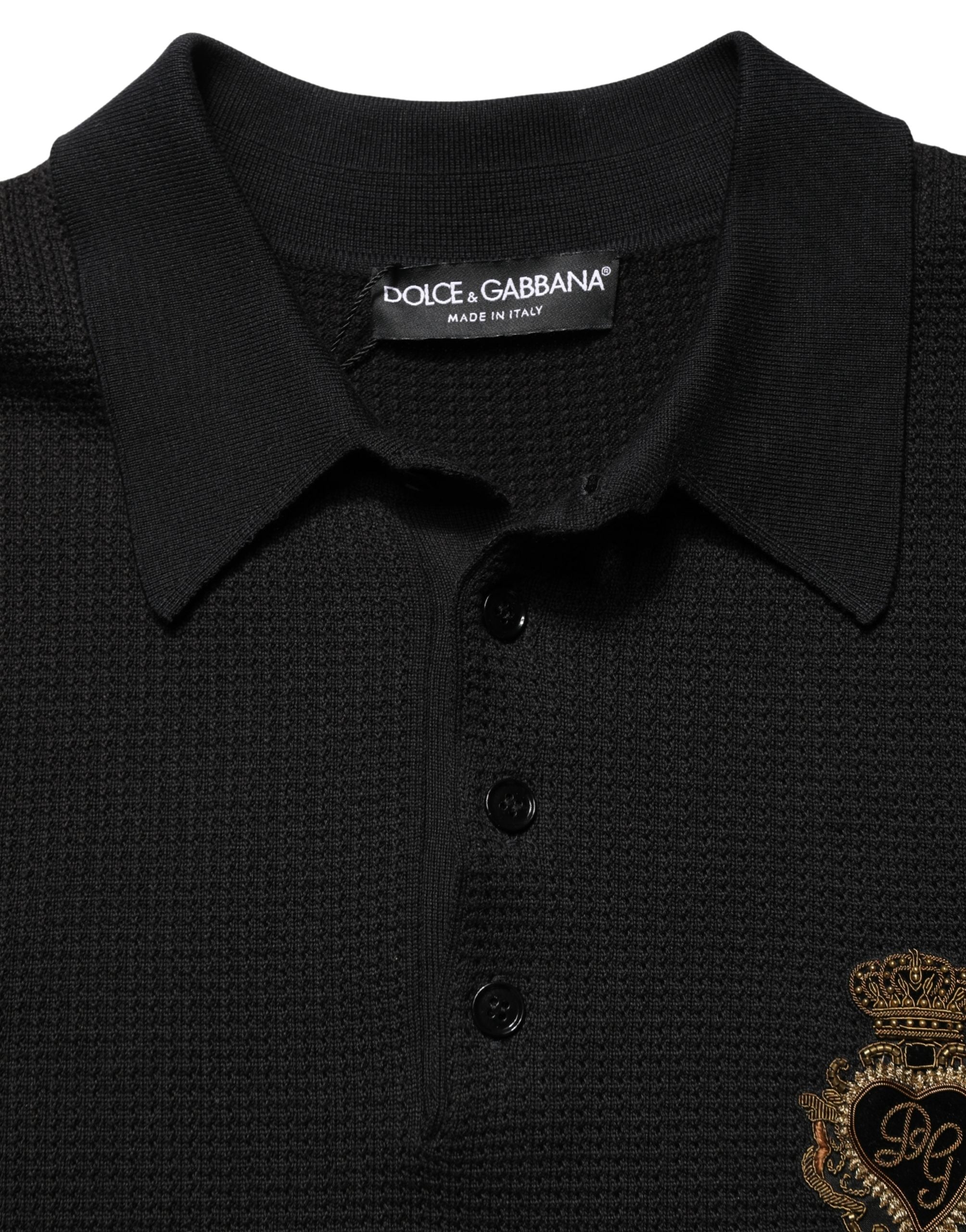 Black Heraldic Crest Patch Silk Polo T-shirt