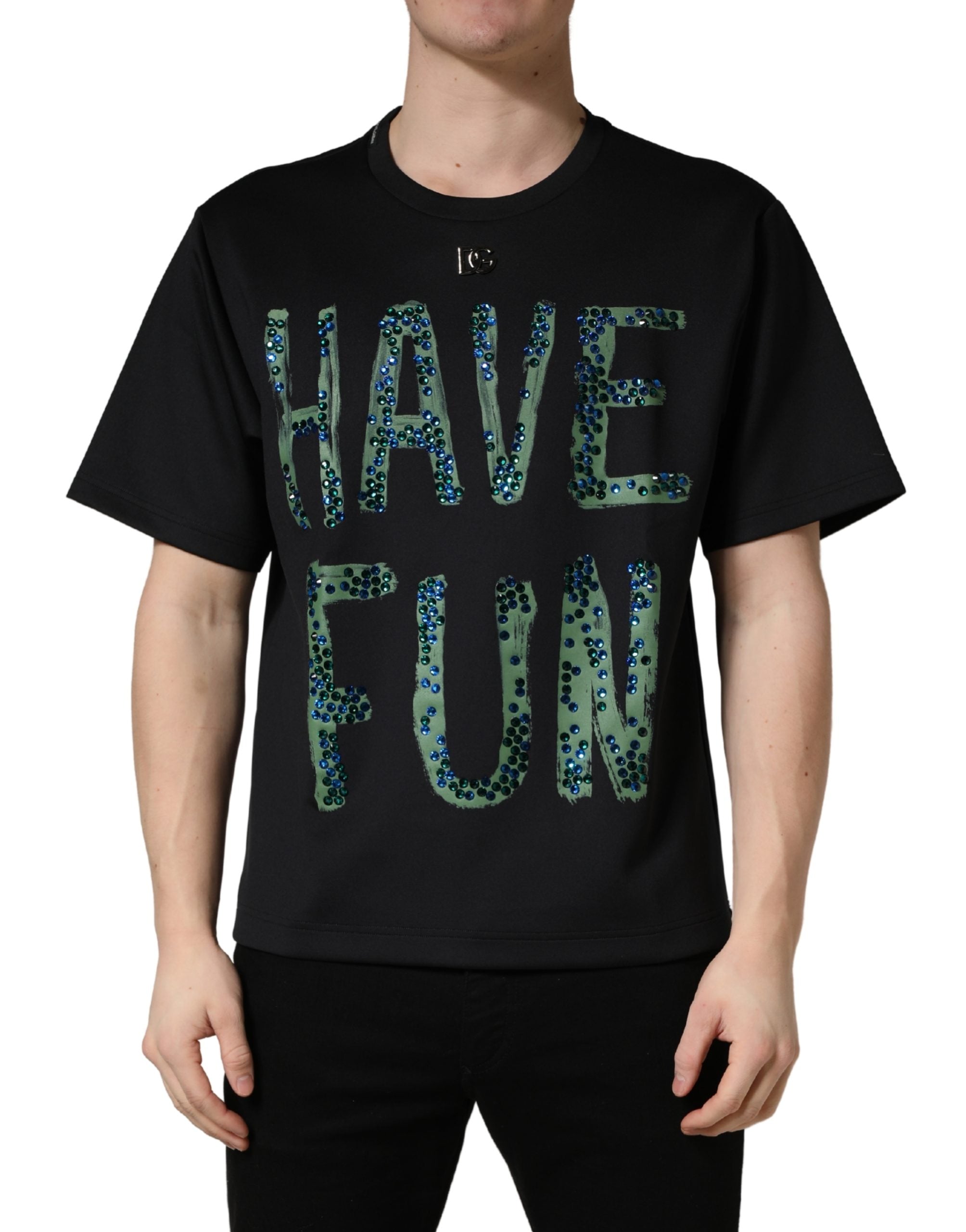 Black Have Fun Embellished Crew Neck T-shirt