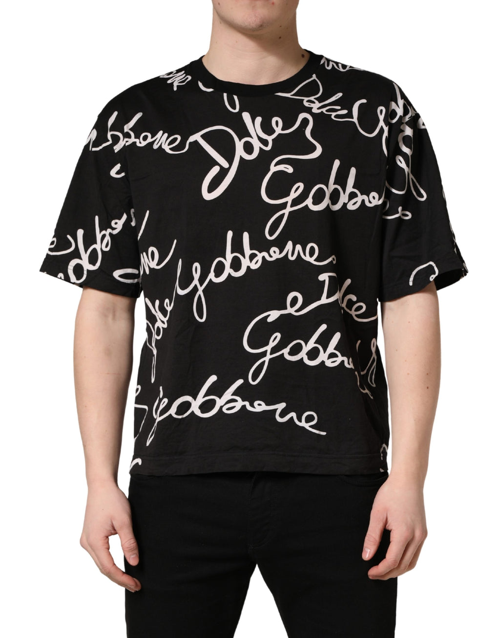 Black Script Logo Print Men Crew Neck T-shirt