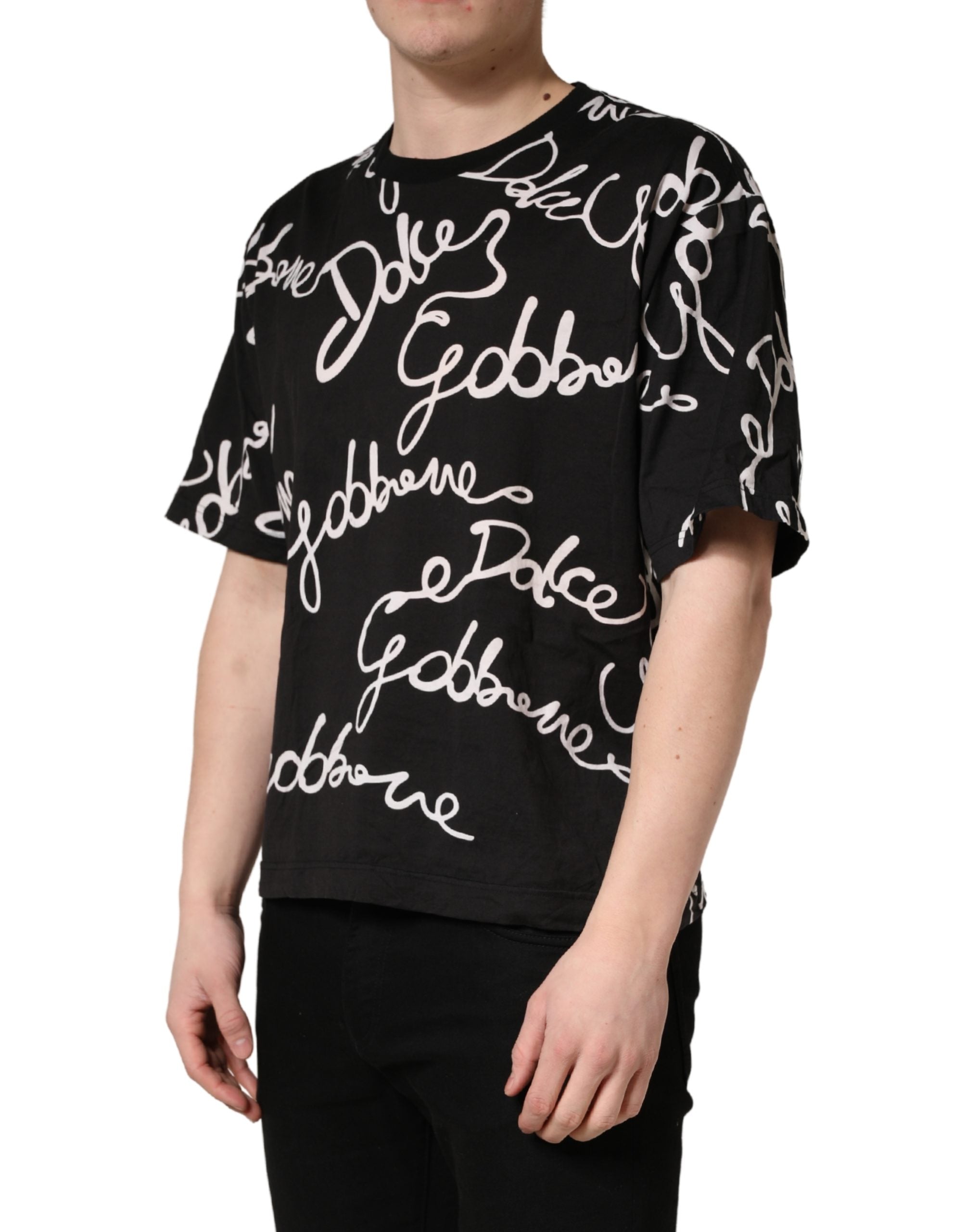 Black Script Logo Print Men Crew Neck T-shirt