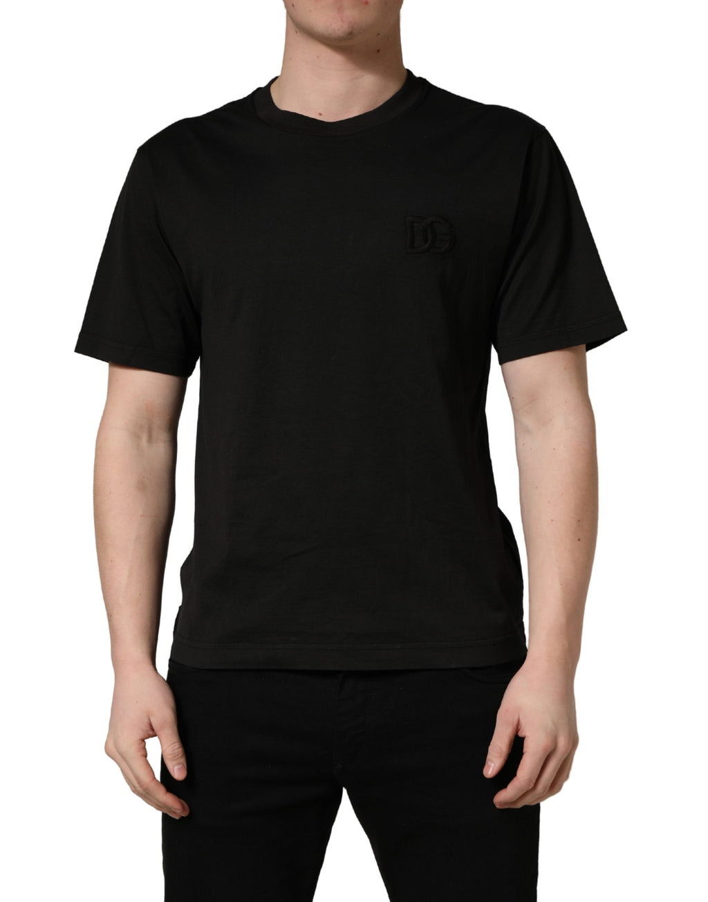 Black Cotton Short Sleeves Crew Neck  T-shirt