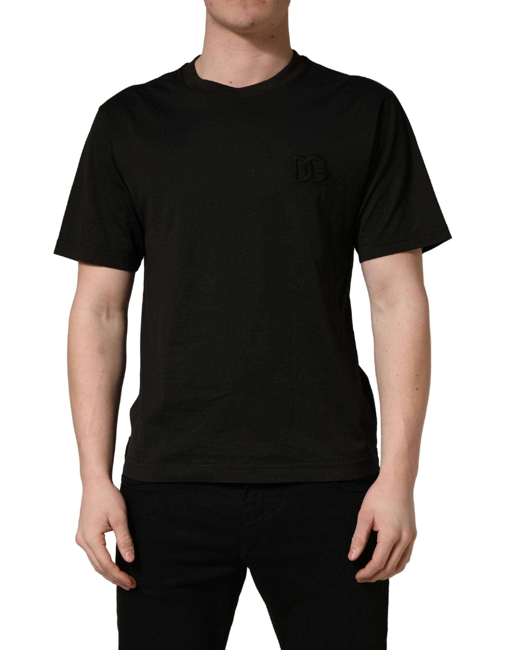 Black Cotton Short Sleeves Crew Neck  T-shirt